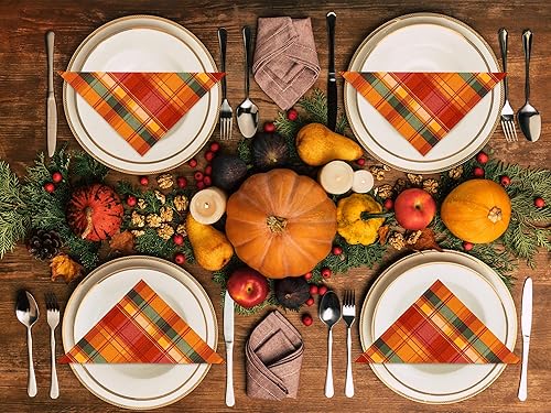 Miniatura 6 de Whaline Paquete de 80 servilletas de papel de otoño de 6.5 x 6.5 pulgadas, servilletas de papel desechables a cuadros rojos, naranja y verde, para