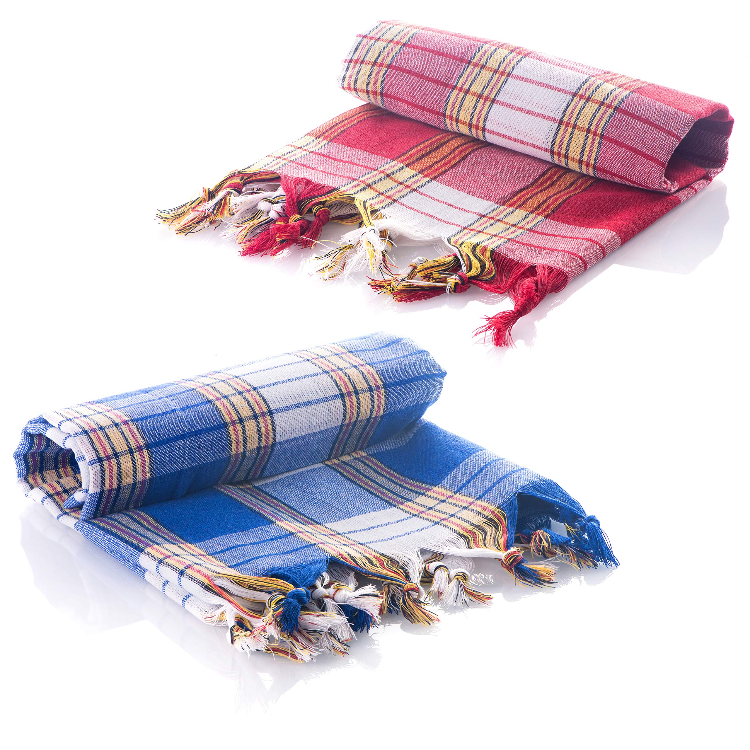 Pestemal Turkish Hammam Towel Set of 2 100% Cotton Quick Dry Absorbent for Bath, Gym, Beach, 80*180cm, 250 gr, Hammam Fouta Compact Towels for Travelling, Spa, Picnic, Blanket, Bed Cover (Blue/Red)