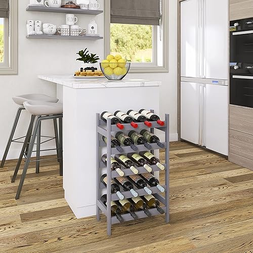 Miniatura 10 de SMIBUY Estante de bambú para vino, soporte para 20 botellas, estantes de almacenamiento independientes de 5 niveles para cocina, despensa, bodega,