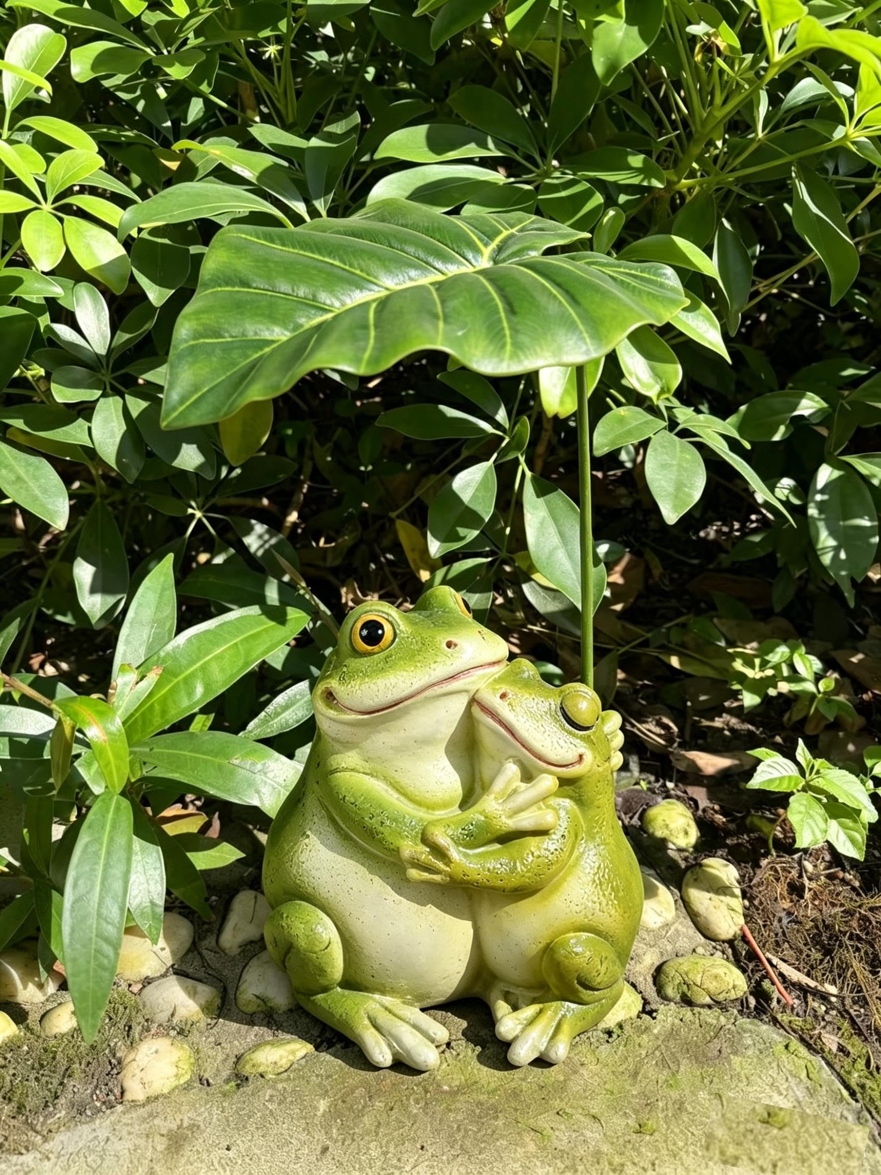 EOREA Resin Hugging Frog Figurine with Leaf Umbrella, Whimsical Garden Frog Statue for Outdoor Yard, Patio, Pond Decor, Cute Frog Sculpture for Fairy Garden, Lawn Ornament, Frog Lover Gift