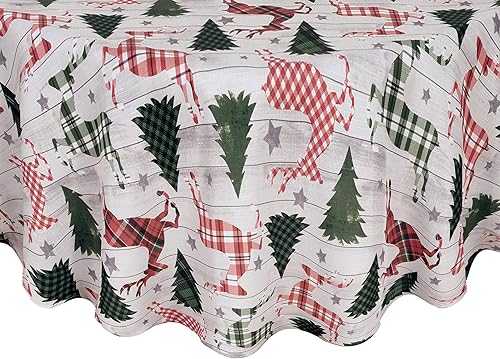 Miniatura 3 de Newbridge Mantel de tela navideña rústica con diseño de reno Prance de Merry Reindeer y árbol de Navidad, fácil cuidado, 52 x 52 pulgadas, cuadrado