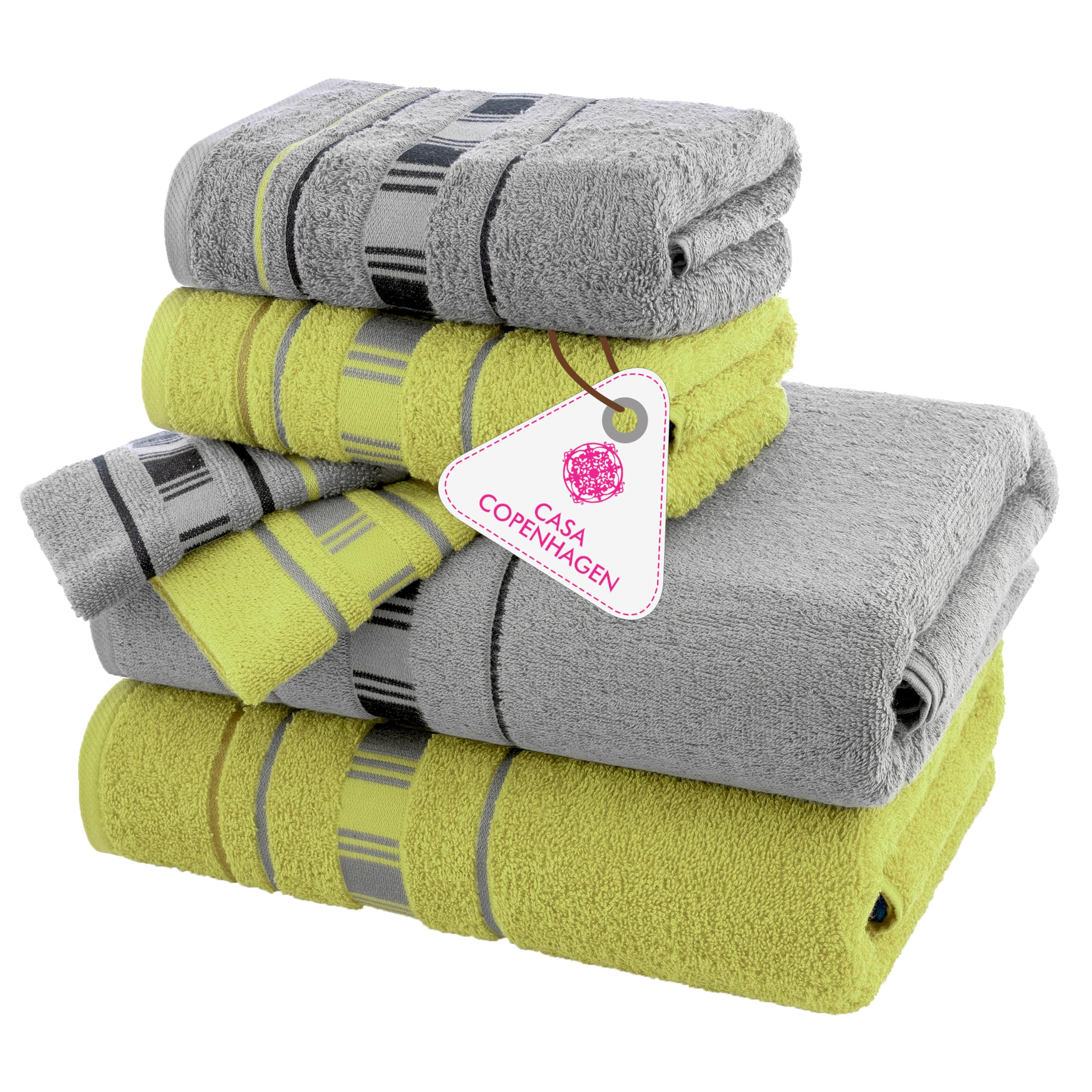 Casa Copenhagen - Egyptian Cotton X Line Collection 6 Pieces Towel Set Including 2 Bath Towel, 2 Hand Towel, 2 Face Towel - Grey & Green