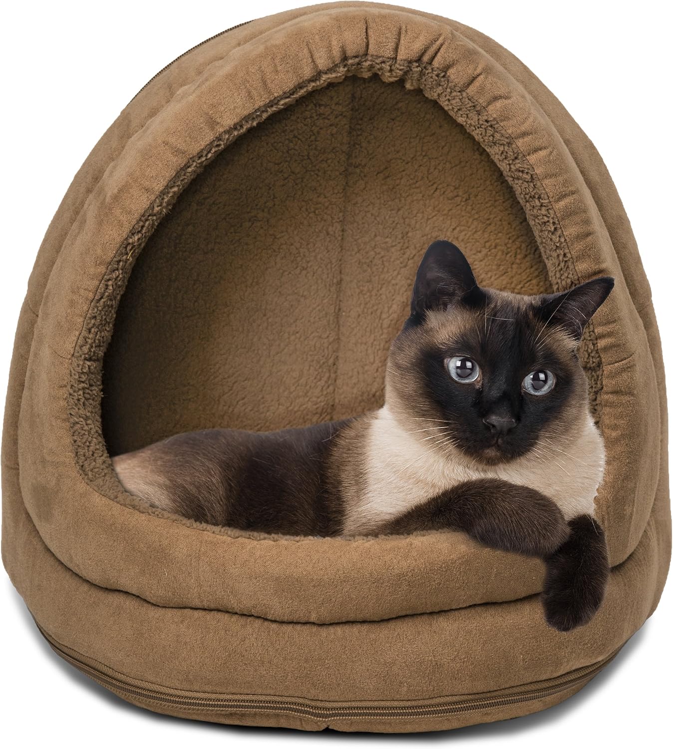 Furhaven Pet Bed for Cats and Small Dogs - Convertible Hooded Tent Cave Terry and Suede Cat Bed, Washable, Camel, One Size