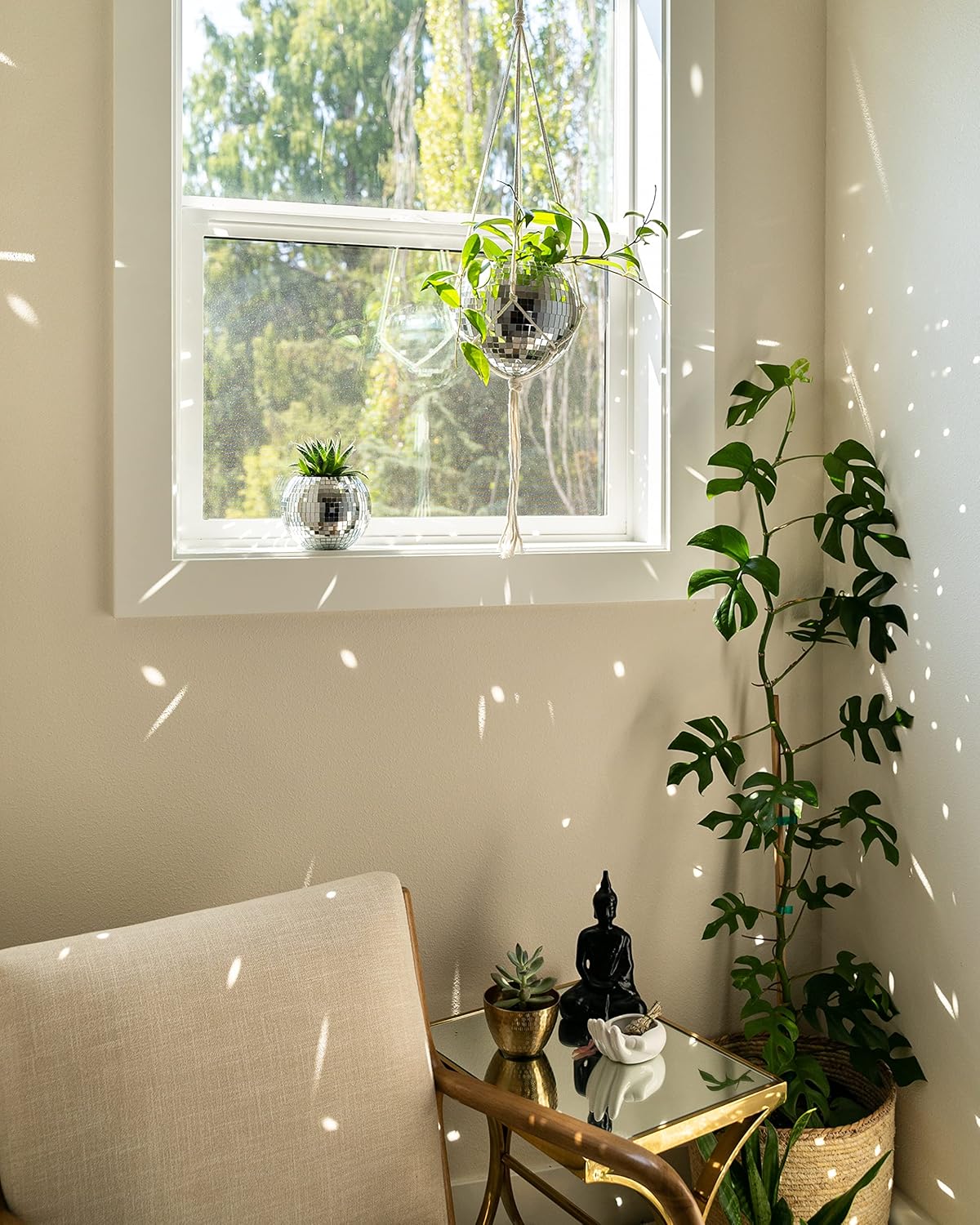 Hanging Disco Ball Planter 8" - with Acrylic Stand and Macrame Plant Hanger - Home Décor, Room Décor, Patio or Boho Décor, Mirror Disco Planter, Disco Decor (8" No Base)
