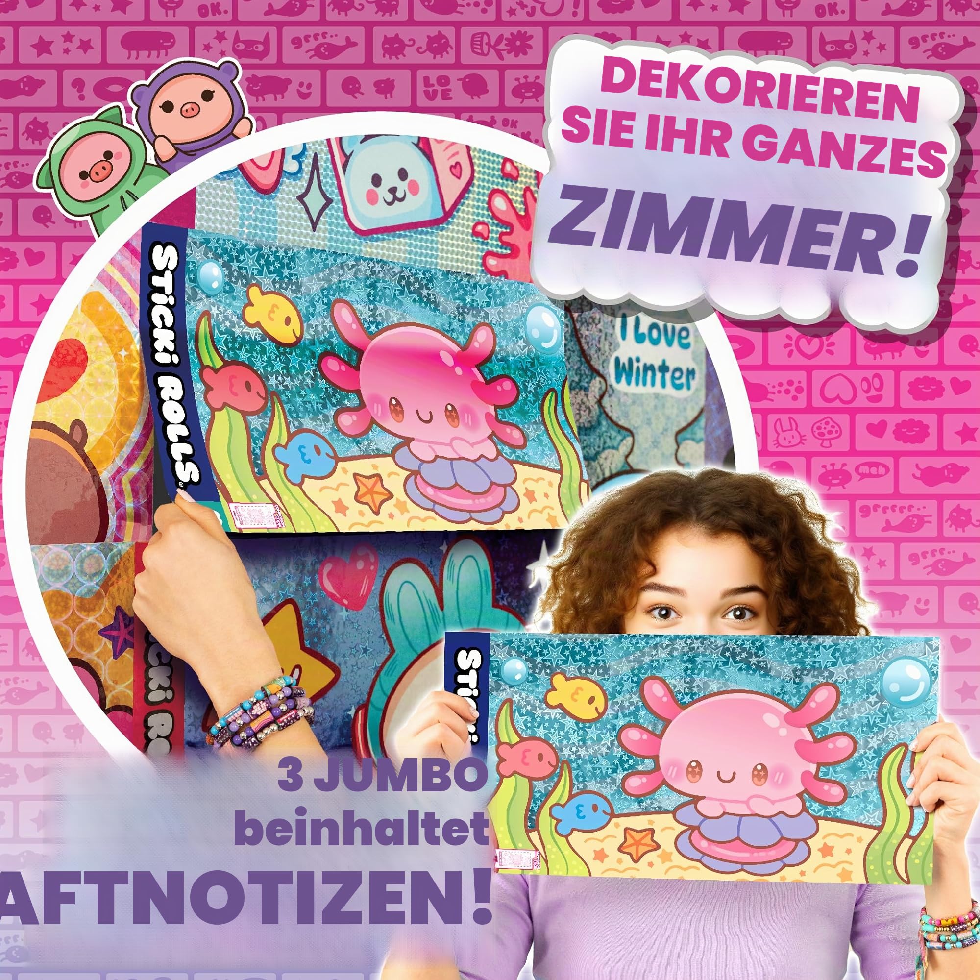 Sticki Rolls Sticki Rolluxe Serie 2 - Glam Handtasche + Bastelset, inklusive 3 Jumbo-Stickies, Zubehör für 10 Armbänder und 2 Anhänger