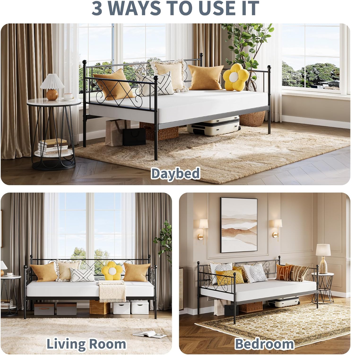 Daybed without Trundle, Trundle Bed Twin with Heart-Shaped Headboard, Sturdy Metal Sofa Bed, Heavy-Duty Metal Bed Frame Support, for Living Rooms, Bedrooms, and Guest Rooms, Easy Assembly, Black