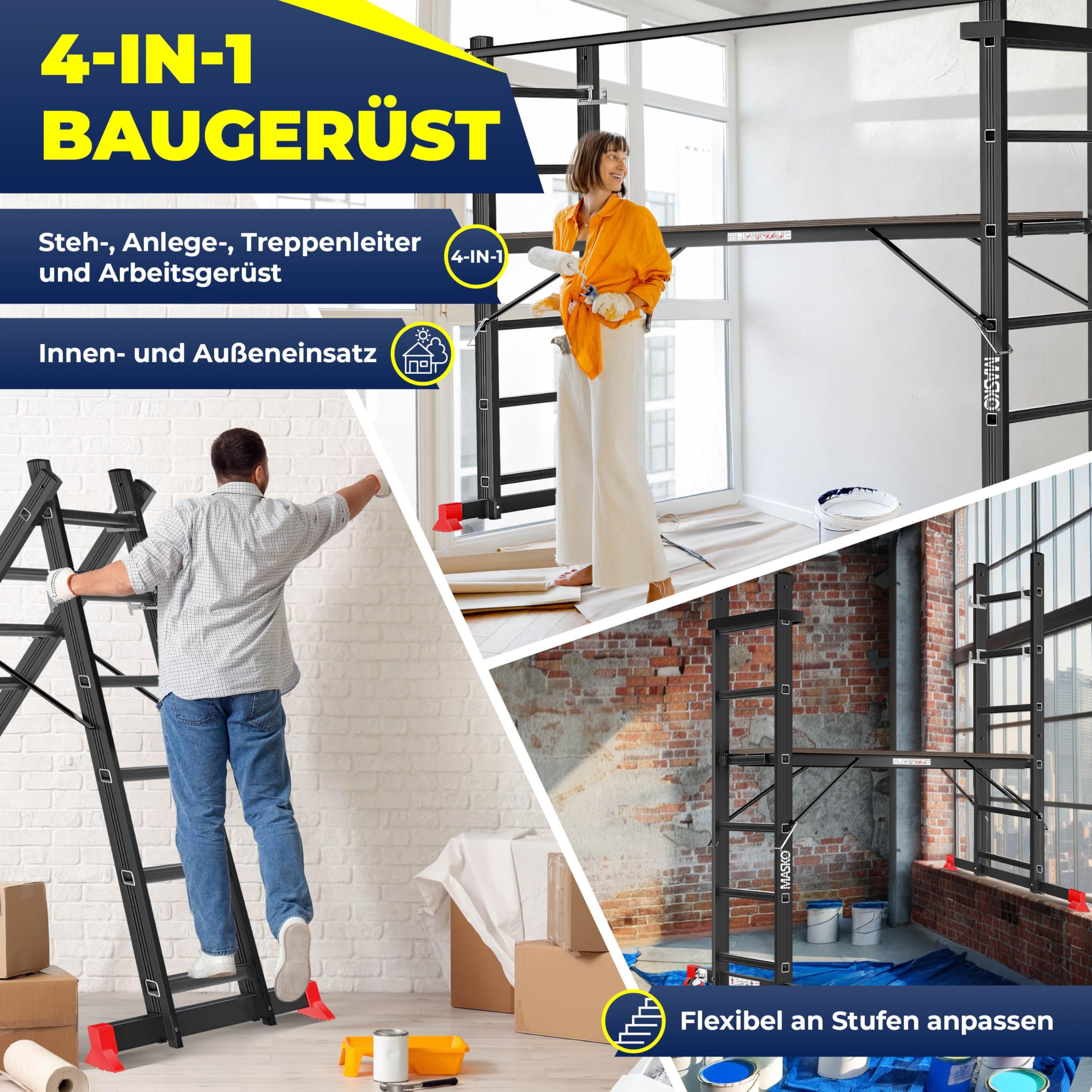 MASKO® Andamio, Andamio ✓ Aluminio ✓ Escalera ✓ Plataforma de Trabajo, Capacidad de Carga hasta 150 KG, Revestimiento Antideslizante, Escalera de andamio, Comprobado GS (EN 131), Negro
