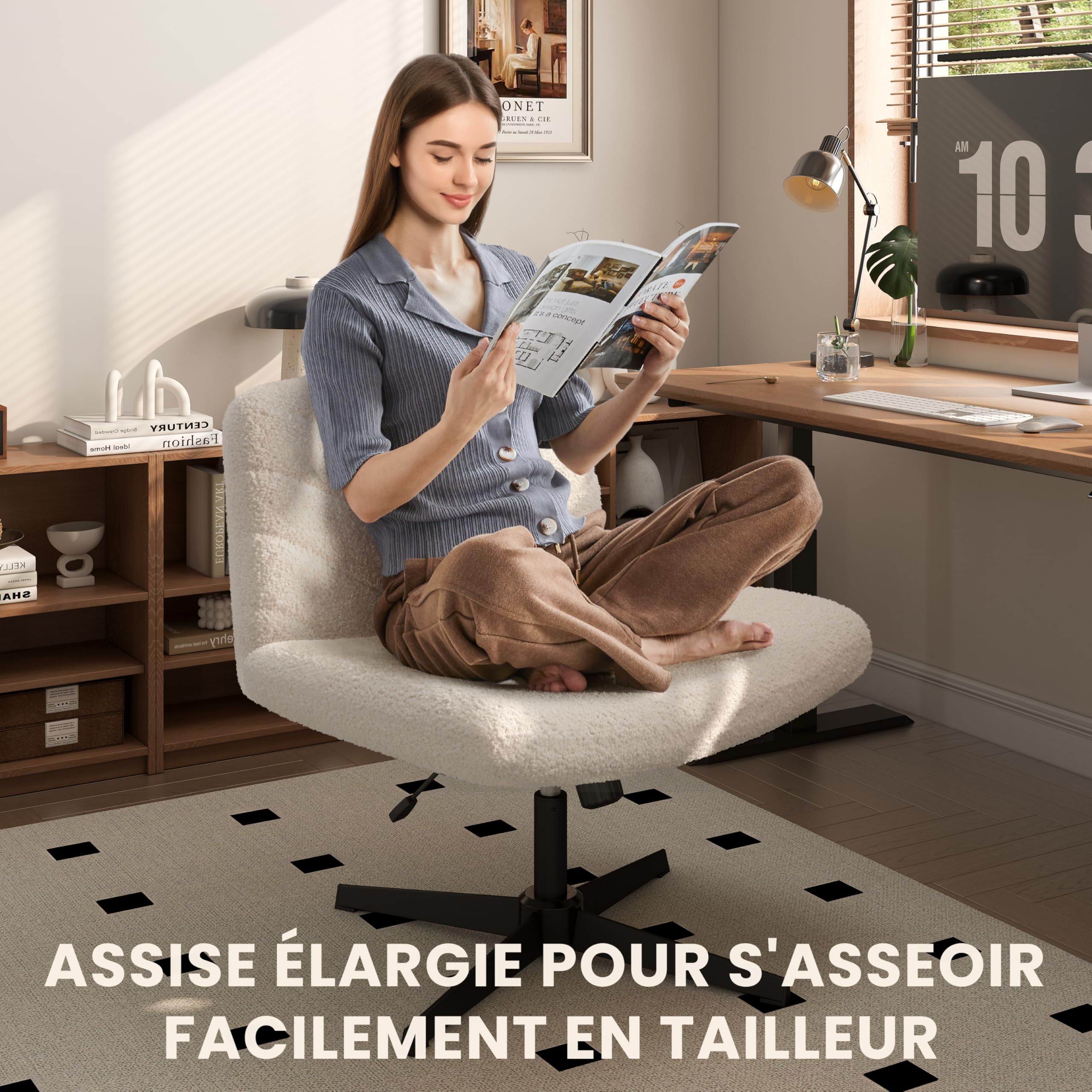 Yaheetech Chaise de Bureau sans roulettes, Fauteuil de Bureau sans Accoudoirs avec Large Assise, Fauteuil Pivotant en Tissu Bouclette, Chaise Réglable en Hauteur, pour Bureau Chambre, Ivoire