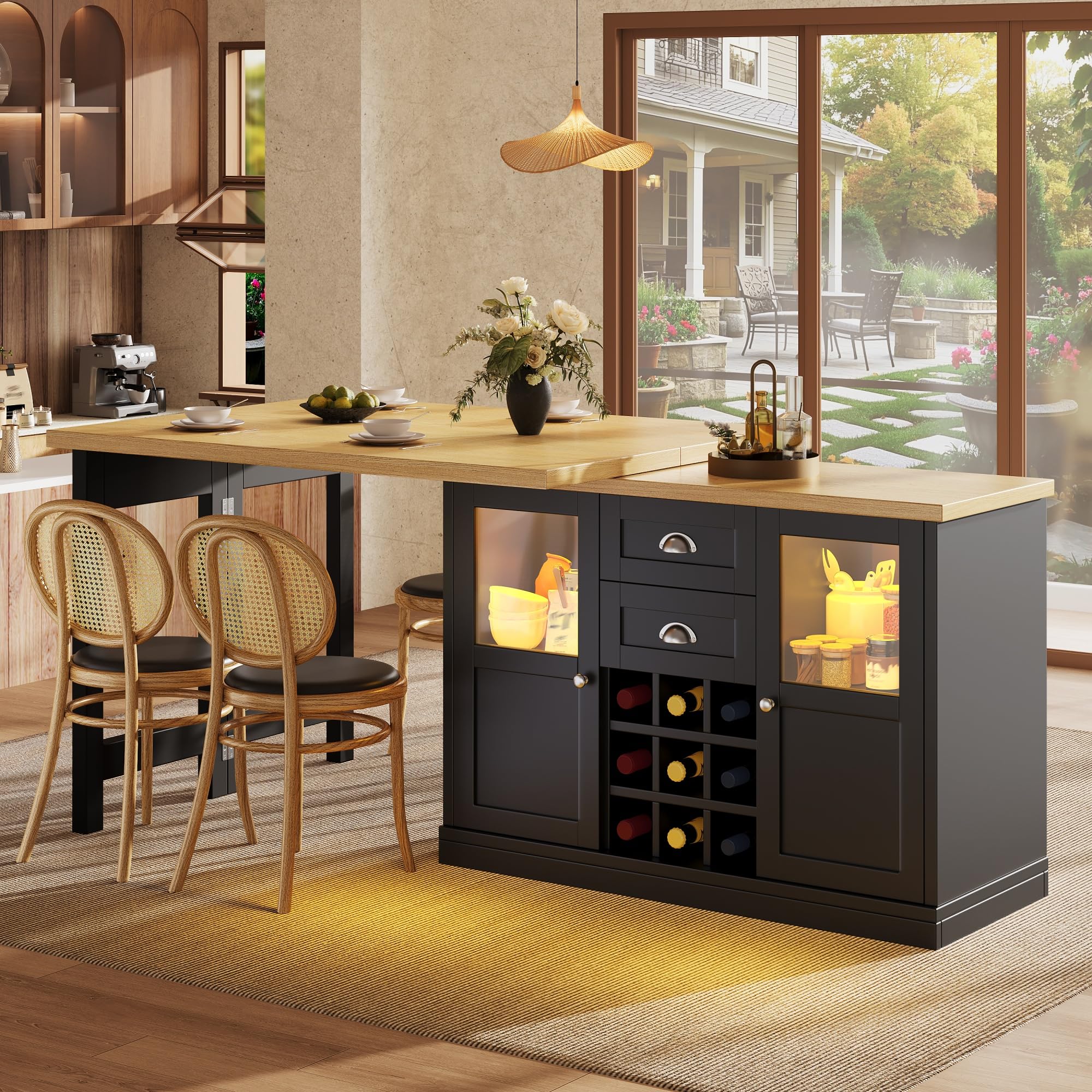 Ausziehbarer Esstisch mit 360° Drehbar und LED-Beleuchtung, Küchentisch mit Vielseitiger Stauraum, Esszimmertisch mit für 4 Personen, Schwarz-A, 197x80x74 cm(Ohne Stühle)