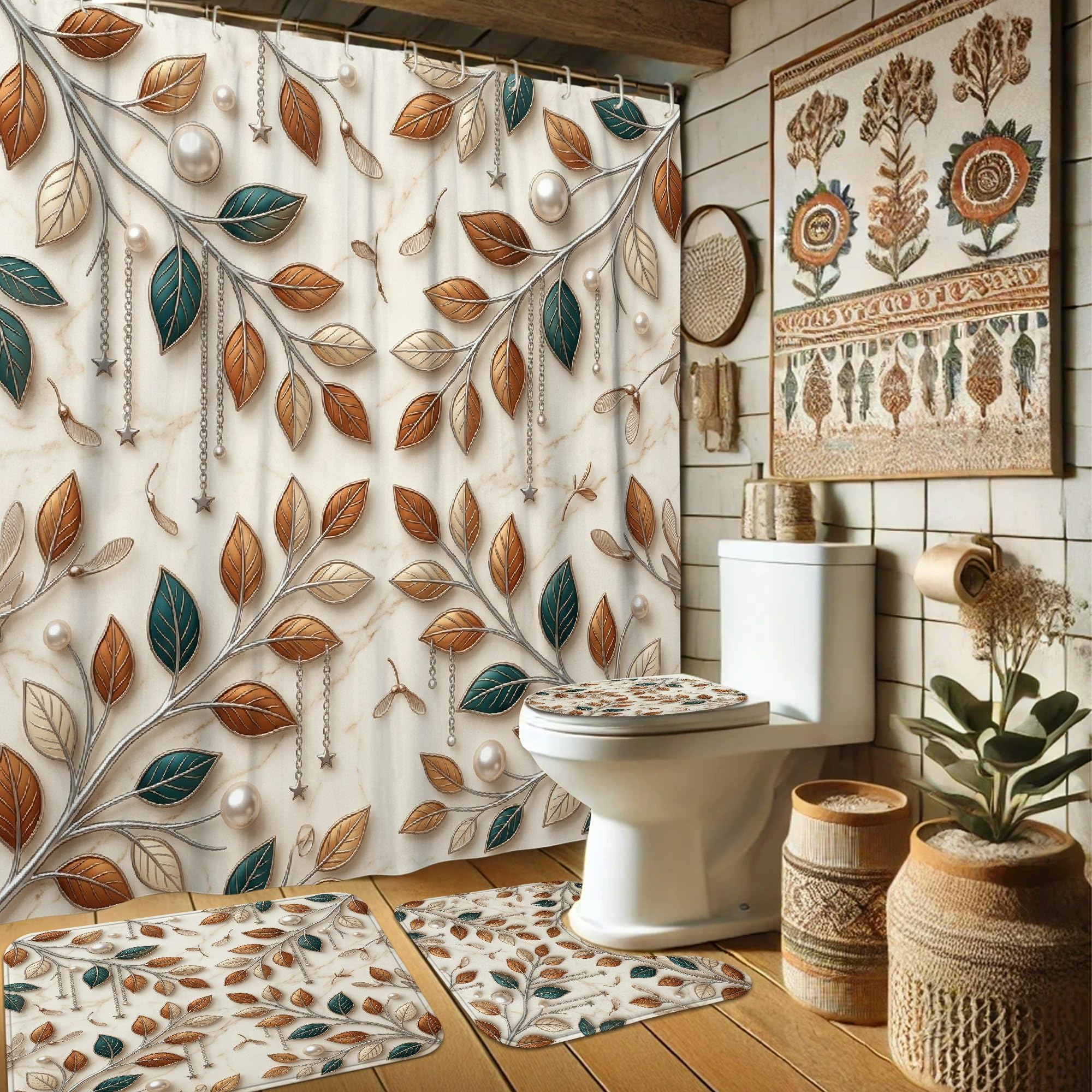 Rideau de douche imperméable en polyester à motif feuilles d'automne