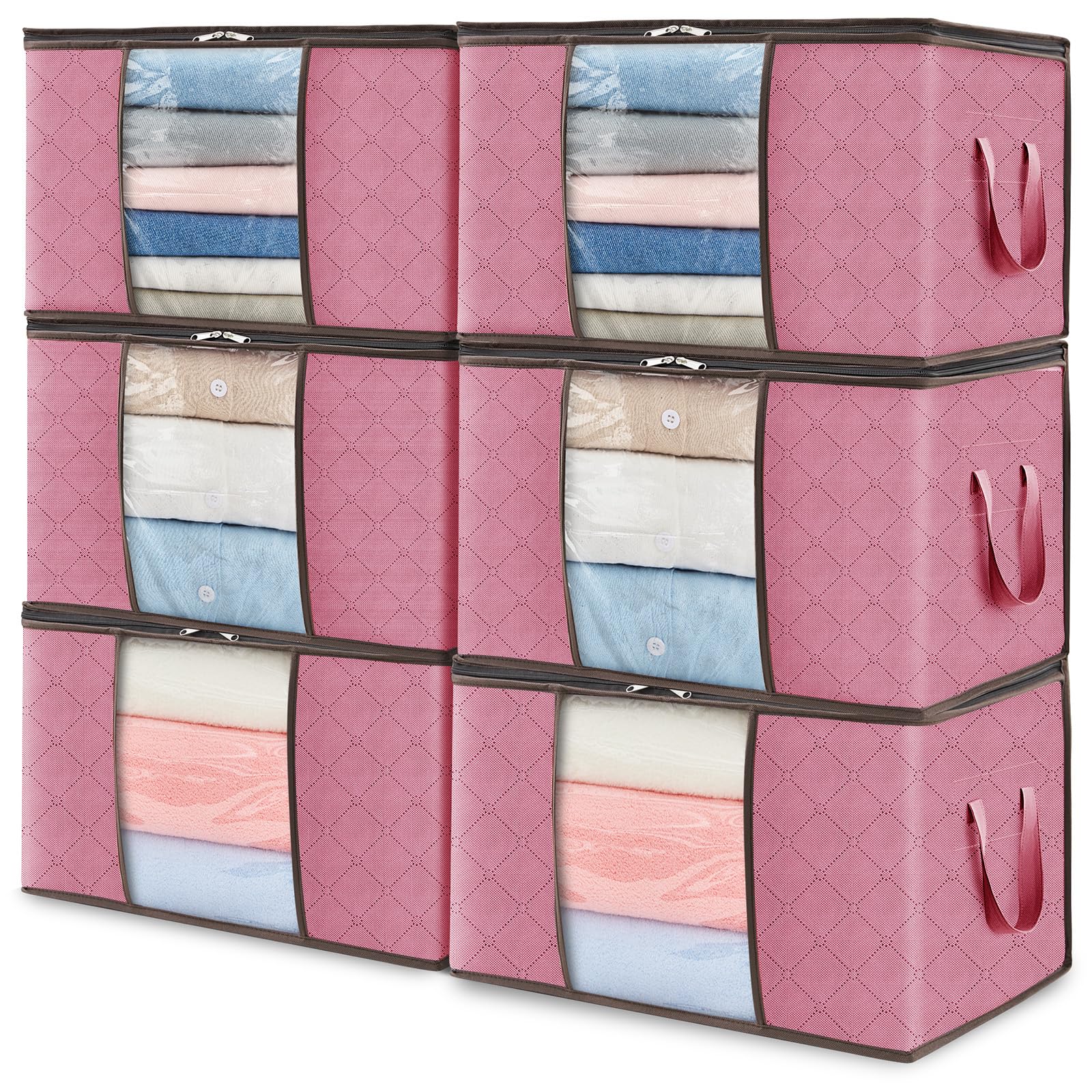 Lifewit6 Packs Clothes Storage Bag, Storage Bins for Clothes, Blankets, Comforters, Foldable Clothing Storage with Reinforced Handle, Sturdy Zipper, Closet Organizer With Clear Window, Pink
