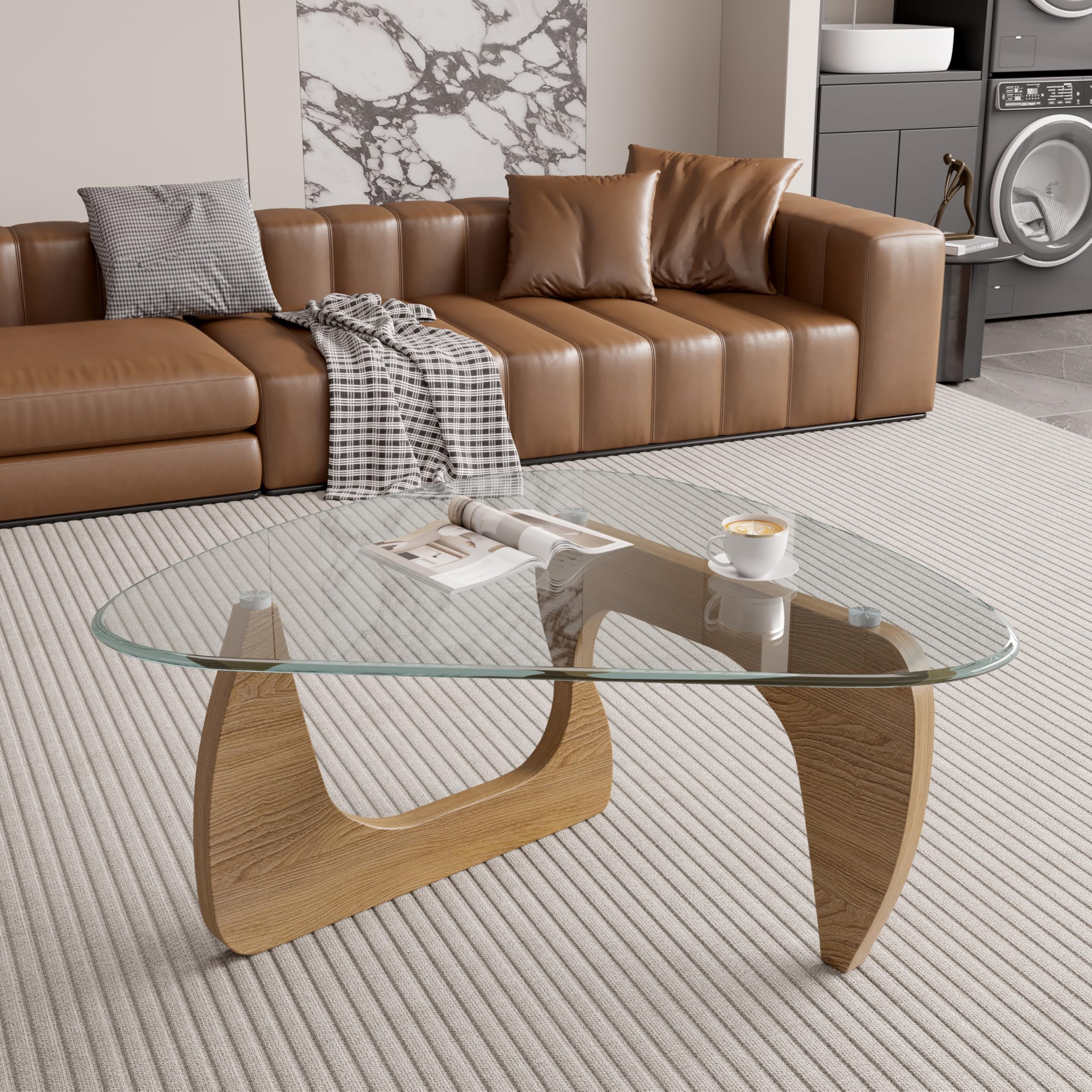 Modern Glass Coffee Table Triangle Center Table with Tempered Glass Top Unique Wooden Base 42 5 Mid Century