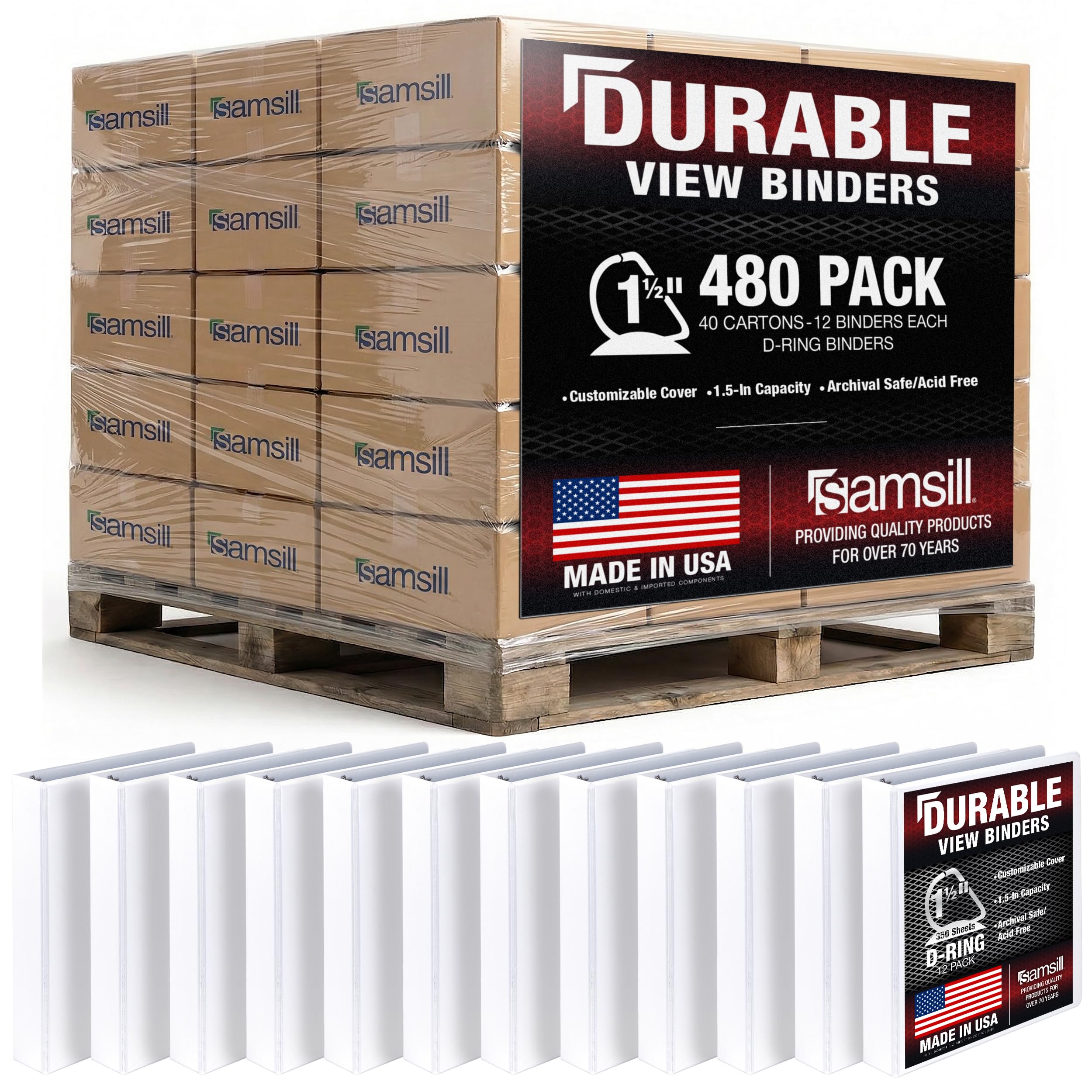 Samsill Durable 1.5 inch 3 Ring Binder, Made in USA, D Ring Binder, 100% Recycled Chipboard, White, Pallet of 480 Binders in 40 Cartons