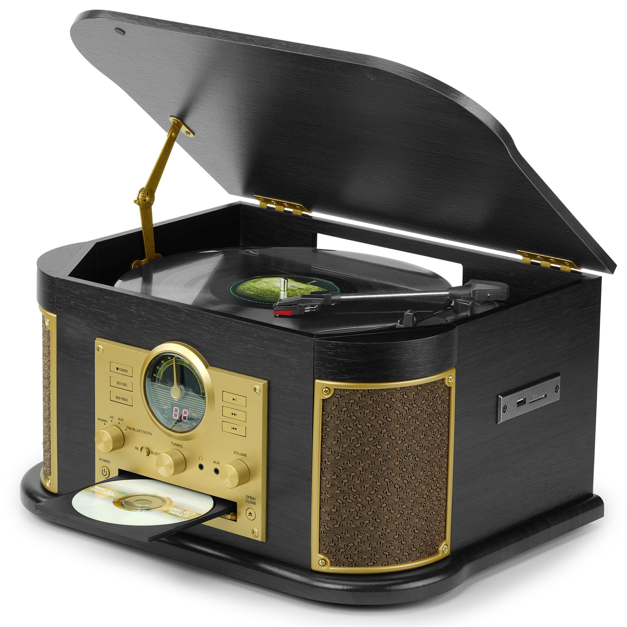 Giradischi retrò 10‑in‑1 con Bluetooth, CD, radio FM, USB/SD per registrare vinili, altoparlanti integrati, ingresso AUX e uscita RCA