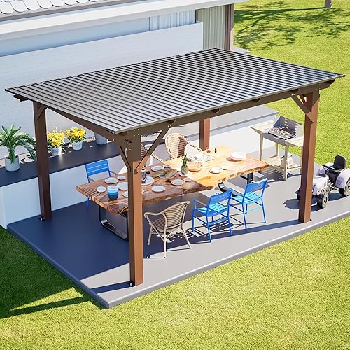 13'x10' Outdoor Gazebo with Metal Roof, Wooden Awnings for Outside, Pergolas for Patios, Garden, Backyard, Lawn, Poolside, Brown