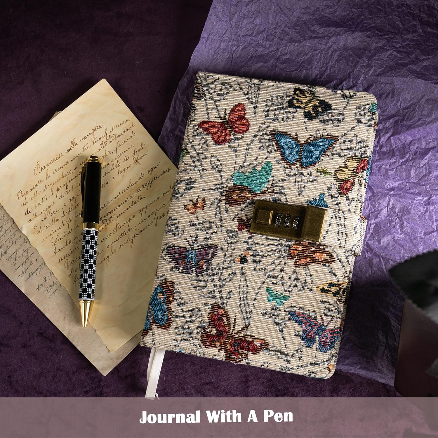 TIEFOSSI Embroidered Diary with Lock, Lined Lock journal for Women Men, Aesthetic Journal with Pen, Hardcover Journal for Journaling Writing Planning, 100 GSM Thick Paper, 224 Numbered Pages - Image 4