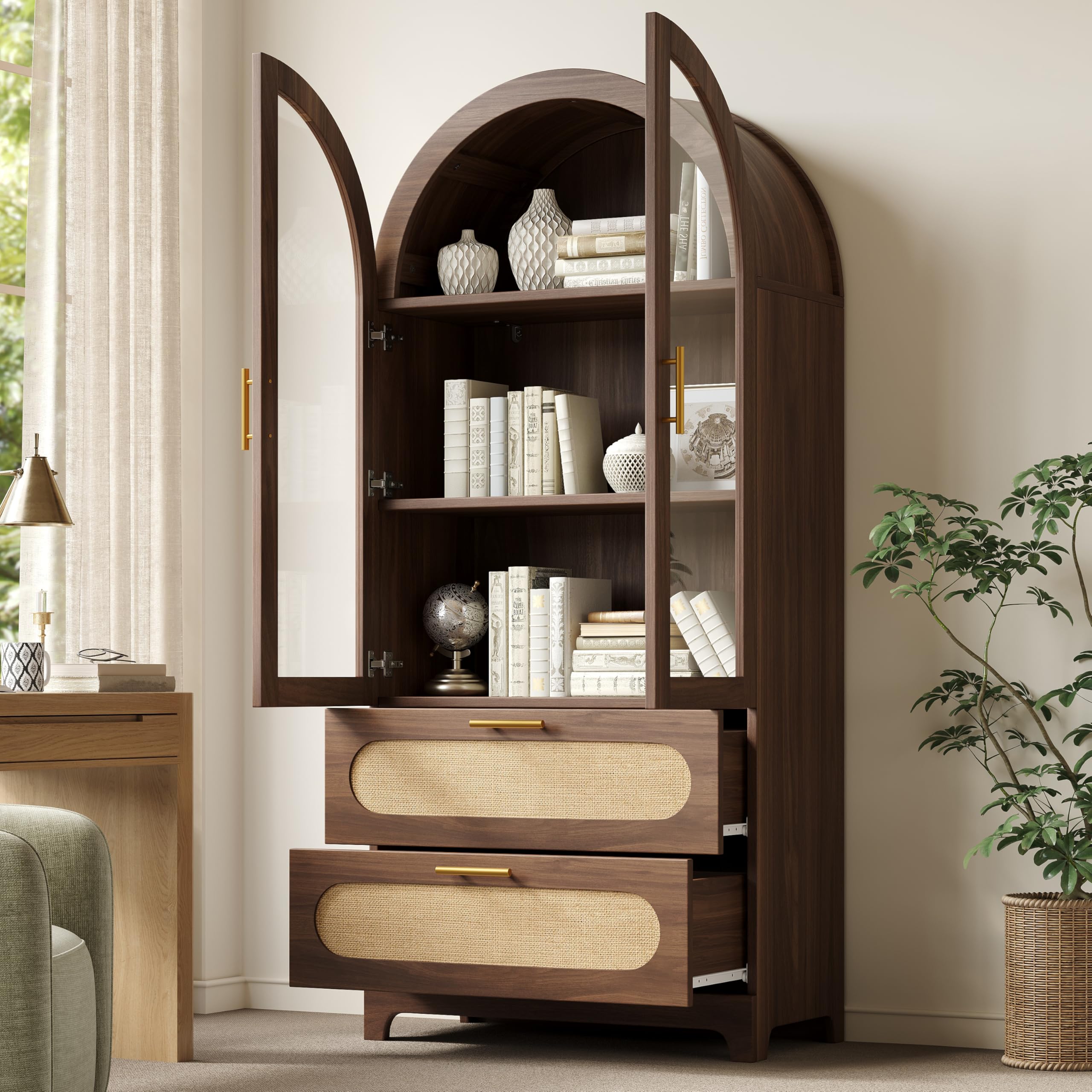 Vitrine mit Montmartre-Bogen, 175X80X40cm, Bücherregal mit 2 Schubladen & verstellbaren Böden, Retro-Design, Nussbaum