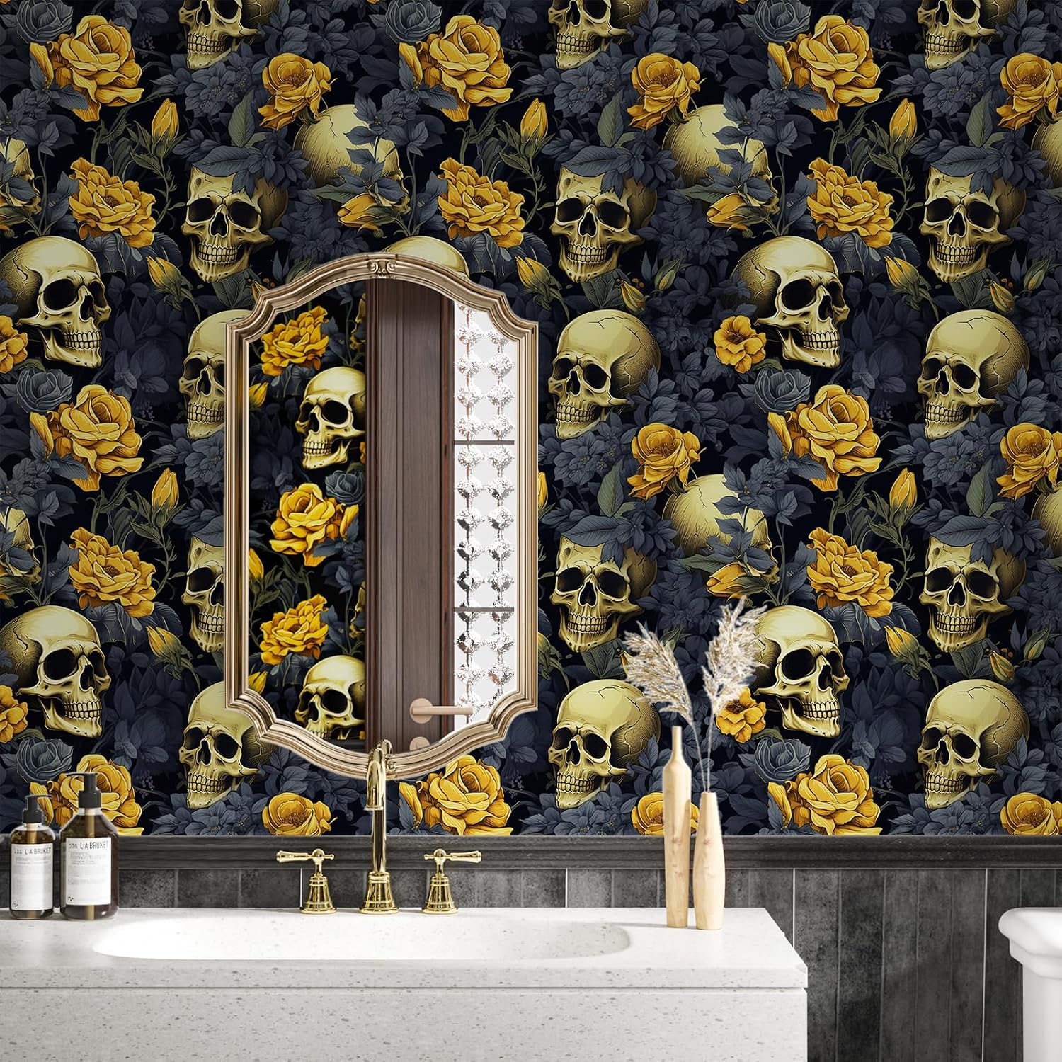 VEELIKE Vintage Skull Wallpaper Stick and Peel Dark Floral Wallpaper for Bedroom Bathroom Accent Walls 17.7''x118'' Gothic Wall Paper Peel and Stick Removable Floral Contact Paper for Cabinets Shelves