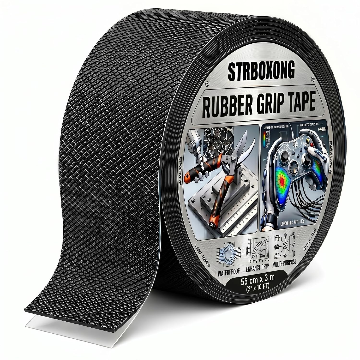 STRBOXONG Rubber Grip Tape, Rubberized Friction Tape, Non Abrasive Black Adhesive Grip Tape Roll, 2 Inch x 10 Feet, Handle Grip Tape for Tools, Equipment Handles, Handrails, Ladders, Pull Up Bars