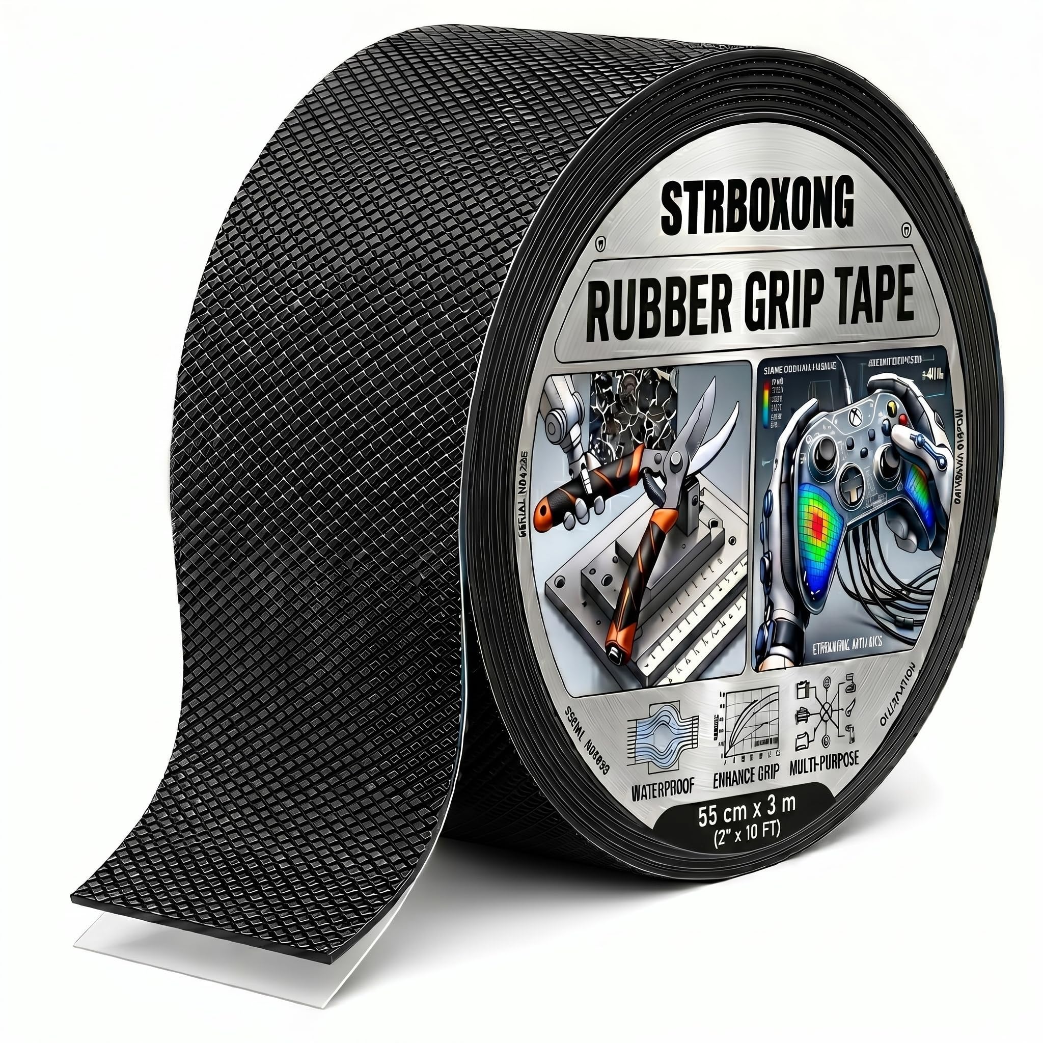 STRBOXONG Wide Rubber Grip Tape, 50mm x 3m Anti Slip Tape for Stairs, Heavy Duty Non Slip Rubber Tape Self Adhesive Strip, Waterproof Black Grip Wrap for Wide Handles & Industrial Tools