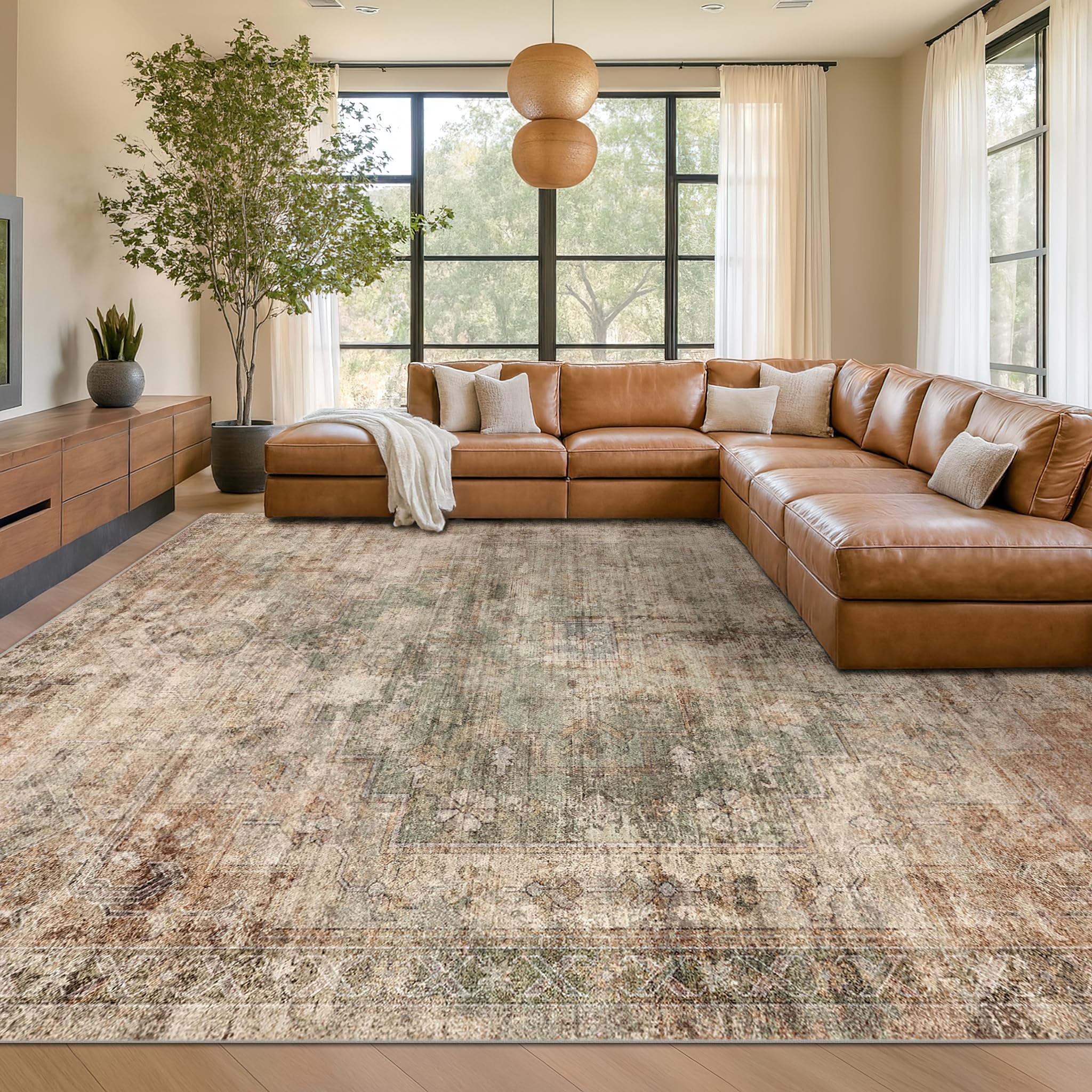 farmhouse floor rugs for living room - brown and green dining room area rugs 8x10 for bedroom, washable, soft, lightweight & stain resistance, neutral dark vintage medallion decor