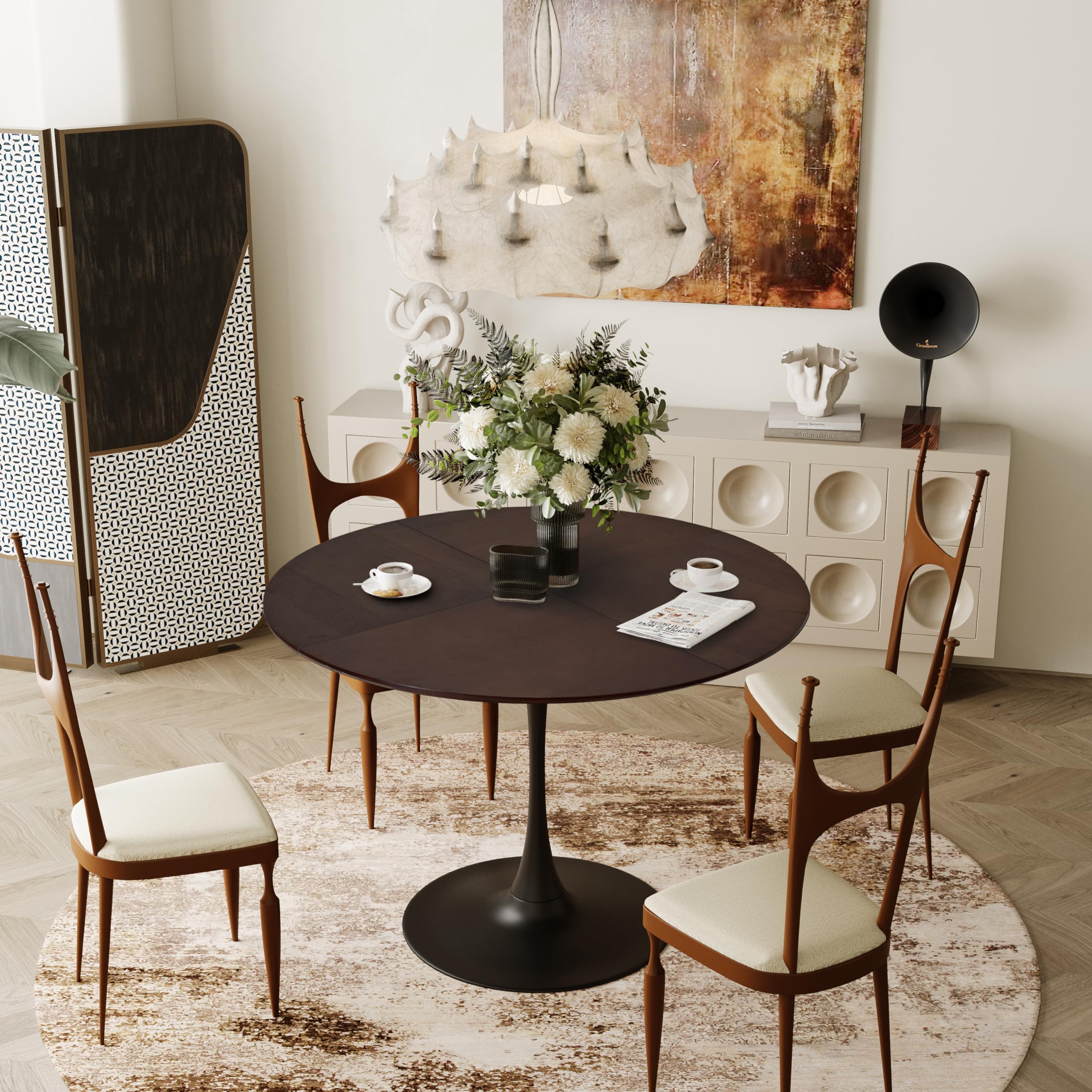 42.13" Tulip Dining Table in Mid-Century Style, Perfect for 4-6 People, Comes with a Round MDF Dining Table, Pedestal Dining Table, and Coffee Table.OAK