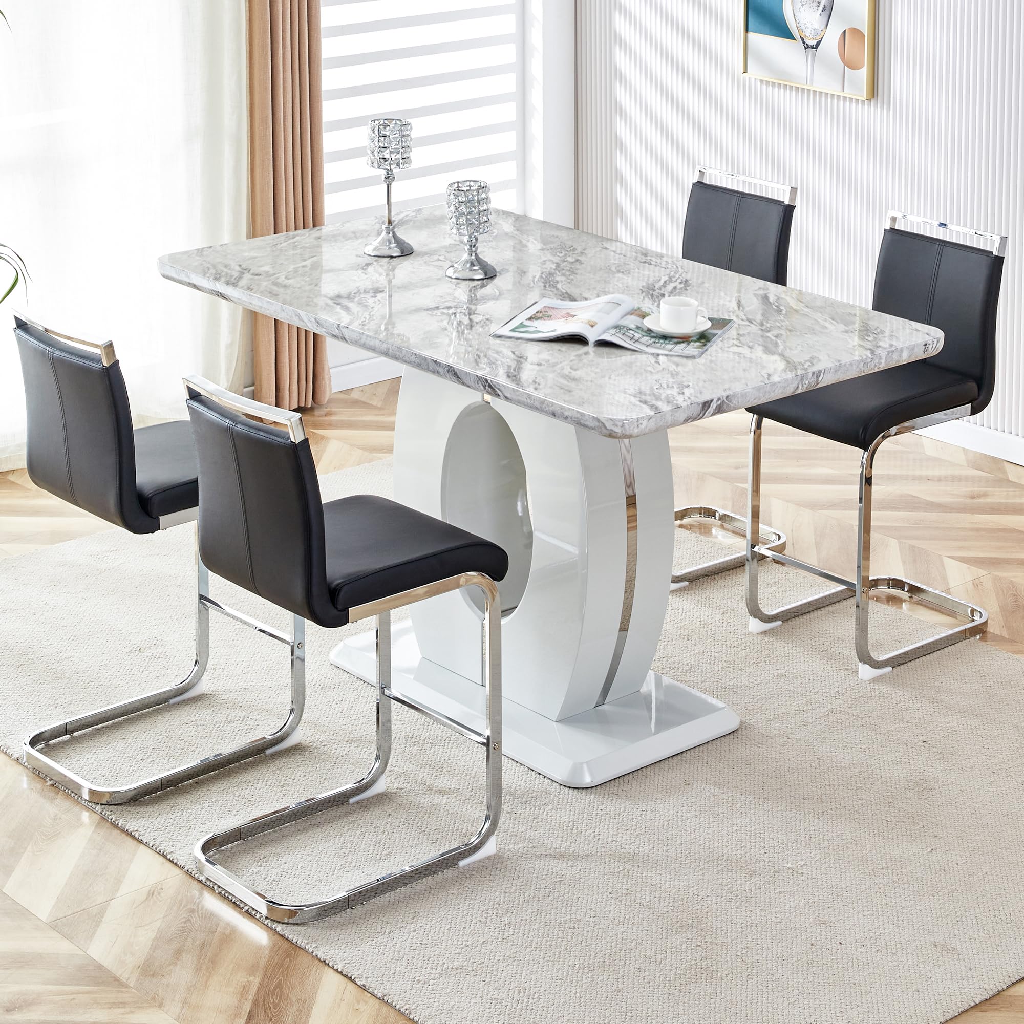 LUFTUT 5 Piece Marble Dining Table Set for 4,Counter Height Dining Table Set,63" Dining Room Table with 4 Black Leather Barstools,Bar Height Table and