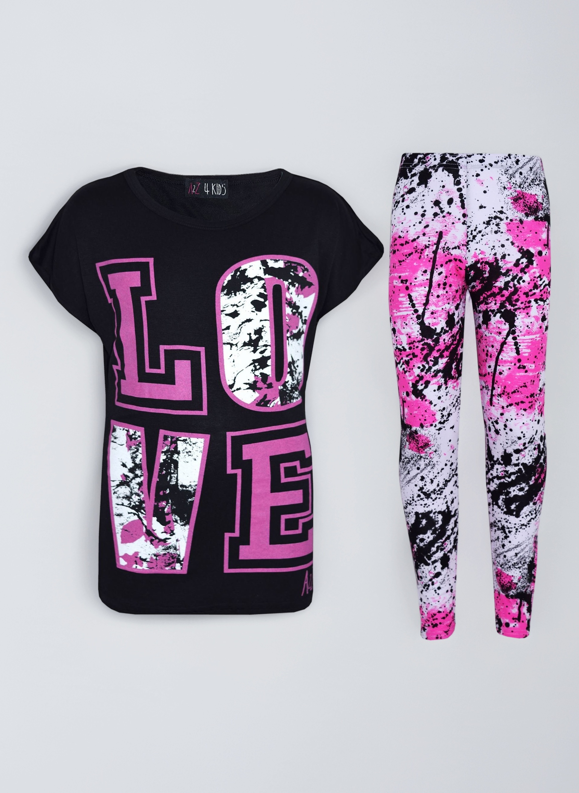 A2Z 4 Kids Girls Love Print Crop Top with Short/Long Sleeves & Splash Print Leggings Set Fashion Outfit for Girls Age 5-14 Years