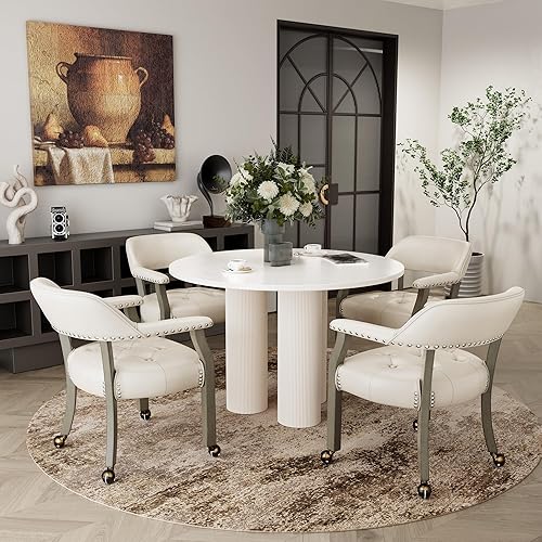 Miniatura 66 de Juego de 4 sillas de cuero de comedor con ruedas y brazos, silla de capitán Accent con ruedas, sillas de madera con ruedas enrollables para cocina y