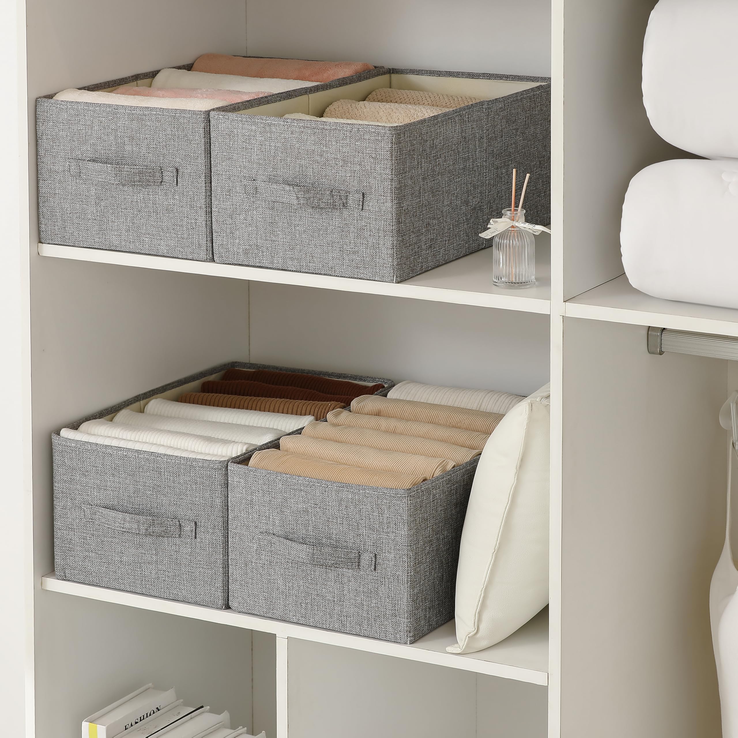 Faltbare Aufbewahrungskörbe aus Leinen, Stoff-Aufbewahrungskörbe, waschbar, Kleider-Organizer mit Griff, Pullover-Organizer für Schrank (dunkelgrau, 47,7 x 28,9 x 21,5 cm)