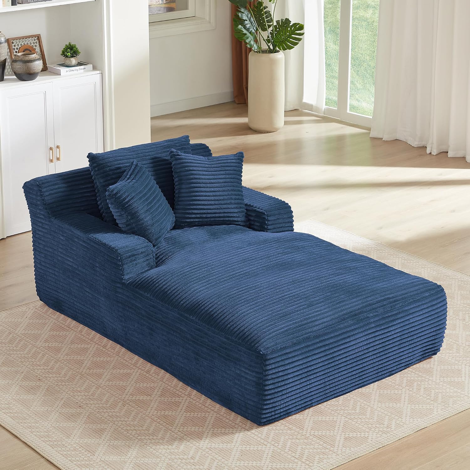 Blue Chaise Lounge Chair Indoor, 50" Oversized Corduroy Boneless Sleeper Sofa Cloud Couch with Throw Pillows and Armrests, Modern Comfy Single Seat Floor Sofa Reading Chairs for Living Room, Bedroom