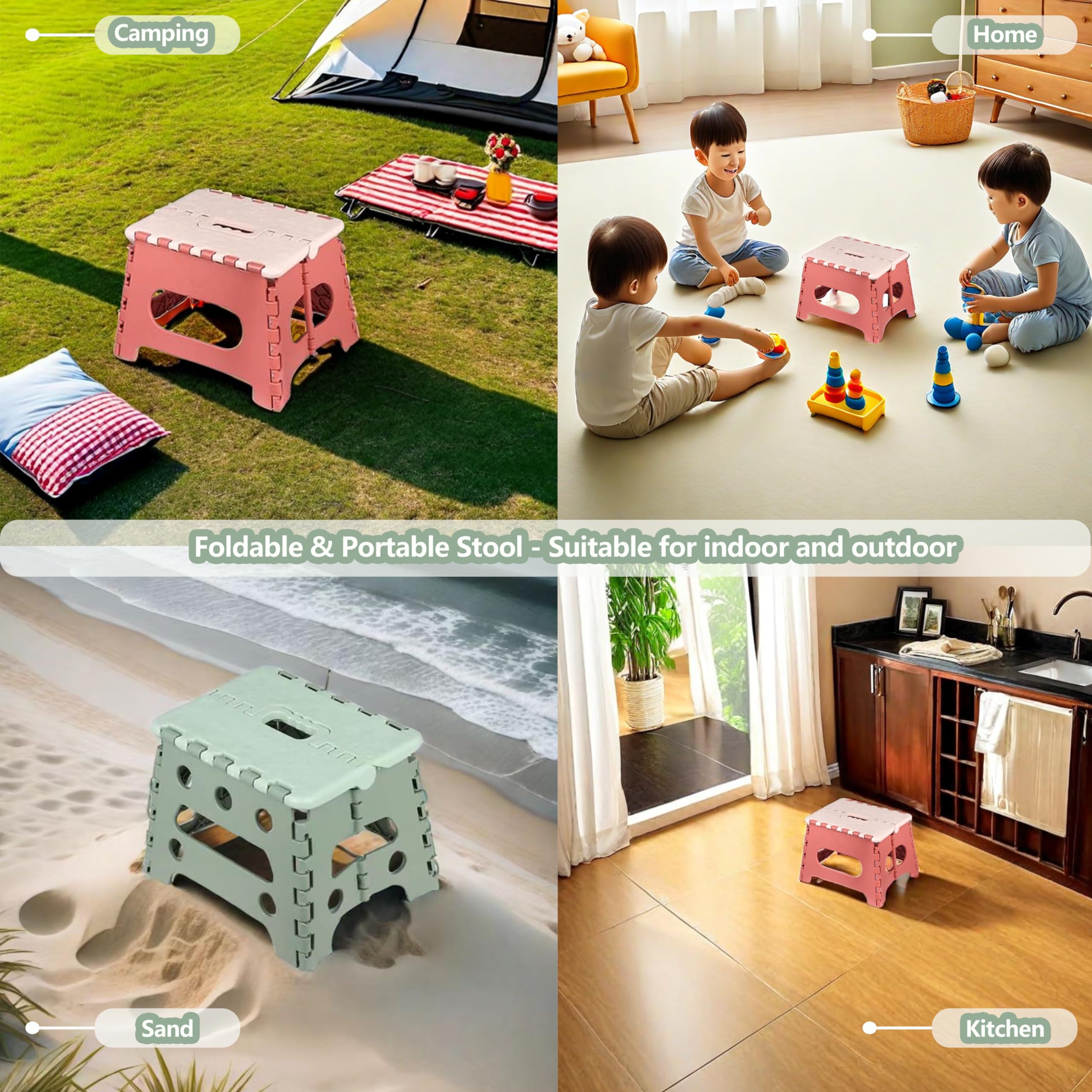 Plastica Sgabello Portatile per Bambini e adulti - Sgabello pieghevole di alta qualità - Sgabelli Multiuso con maniglia per Cucina, Bagno, Giardino, Casa (18 cm di altezza - verde)
