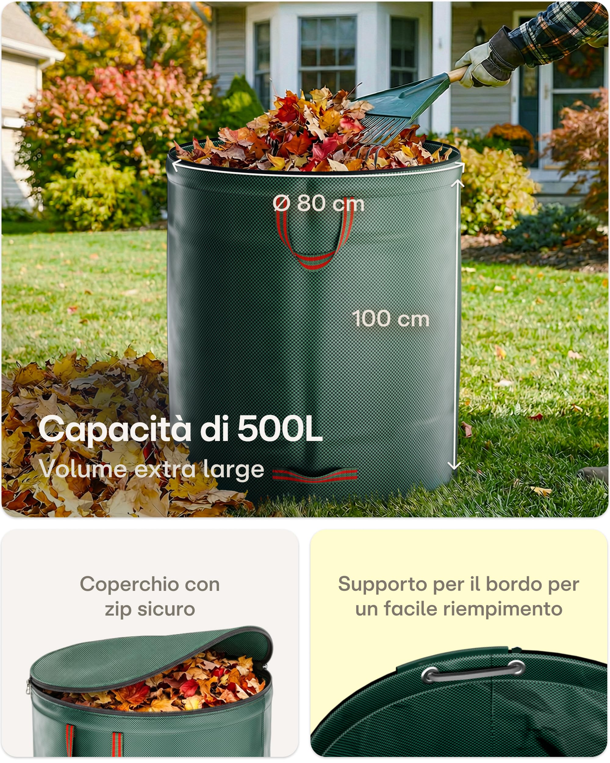 Praknu 2 Sacchi Giardinaggio 500 Litri con Coperchio a Zip - Sacchi Pieghevoli con 4 Maniglie Antistrappo - Sacco Giardino Raccogliere le Foglie - Sacco Erba Tagliata Giardino - Sacchi Giardino