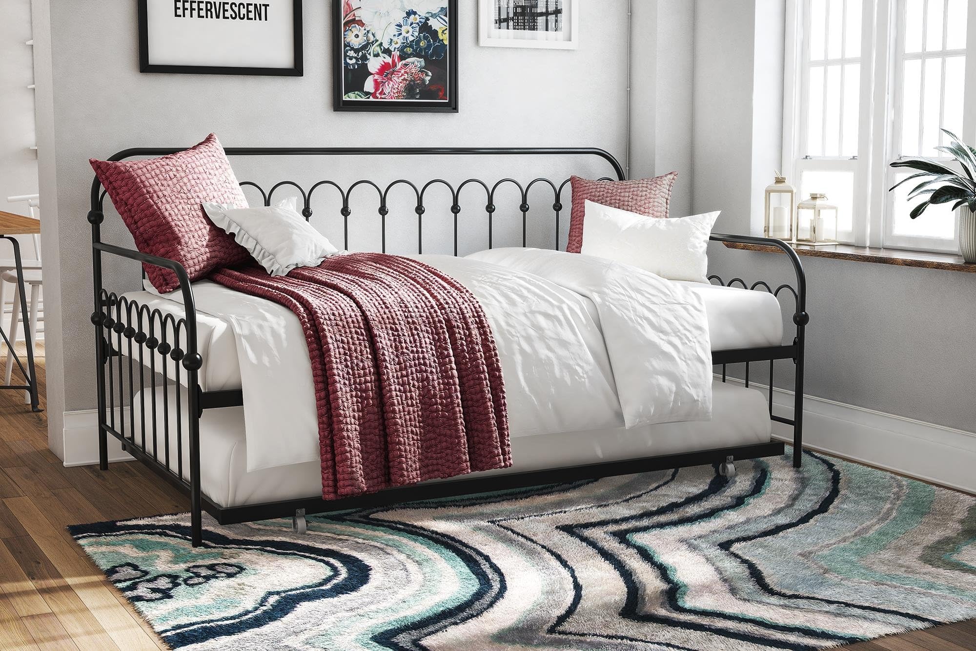 Novogratz Bright Pop Twin Daybed with Trundle - Stylish & Multifunctional Frame, Built-in Casters, Metal Twin Daybed Frame, Black