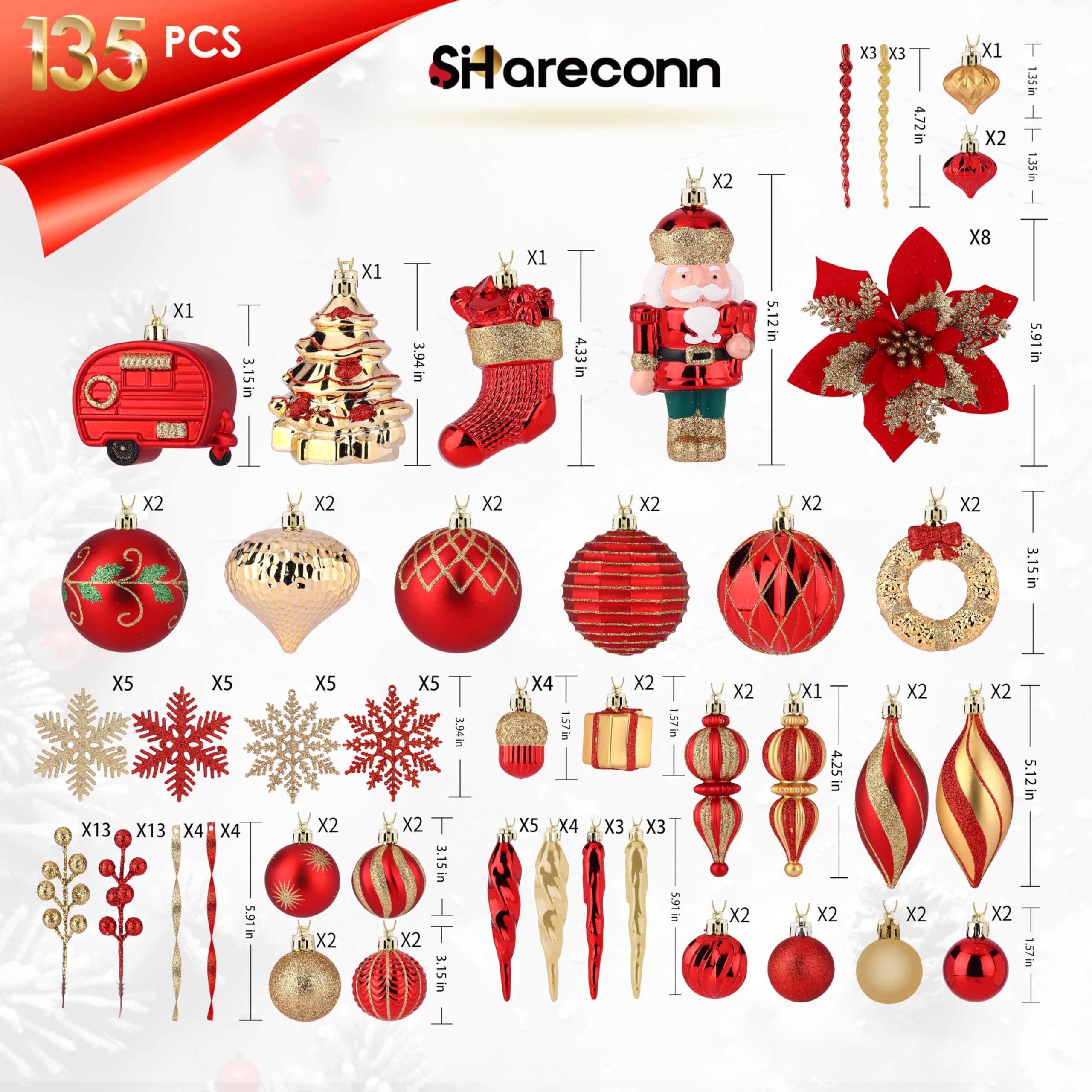 SHareconn 135pcs Christmas Balls Ornaments Set, Shatterproof Plastic Baubles for Xmas Tree Holiday Wedding Party Decorations with Hanging Strings, Red and Gold