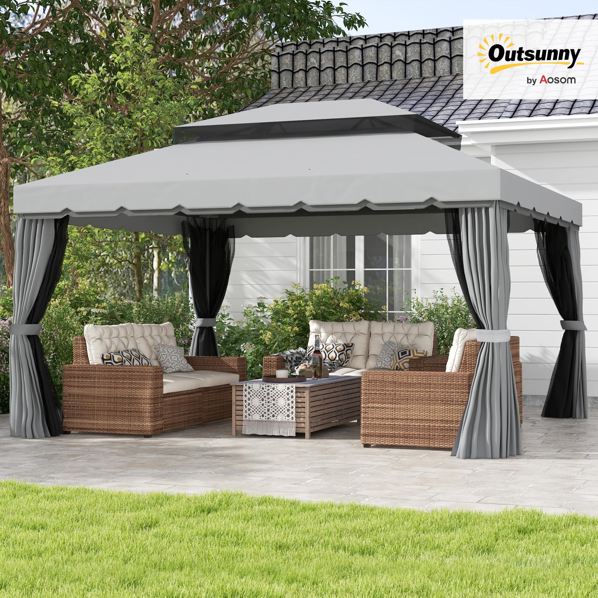 Outsunny 10' x 13' Patio Gazebo with Netting and Curtains Gray