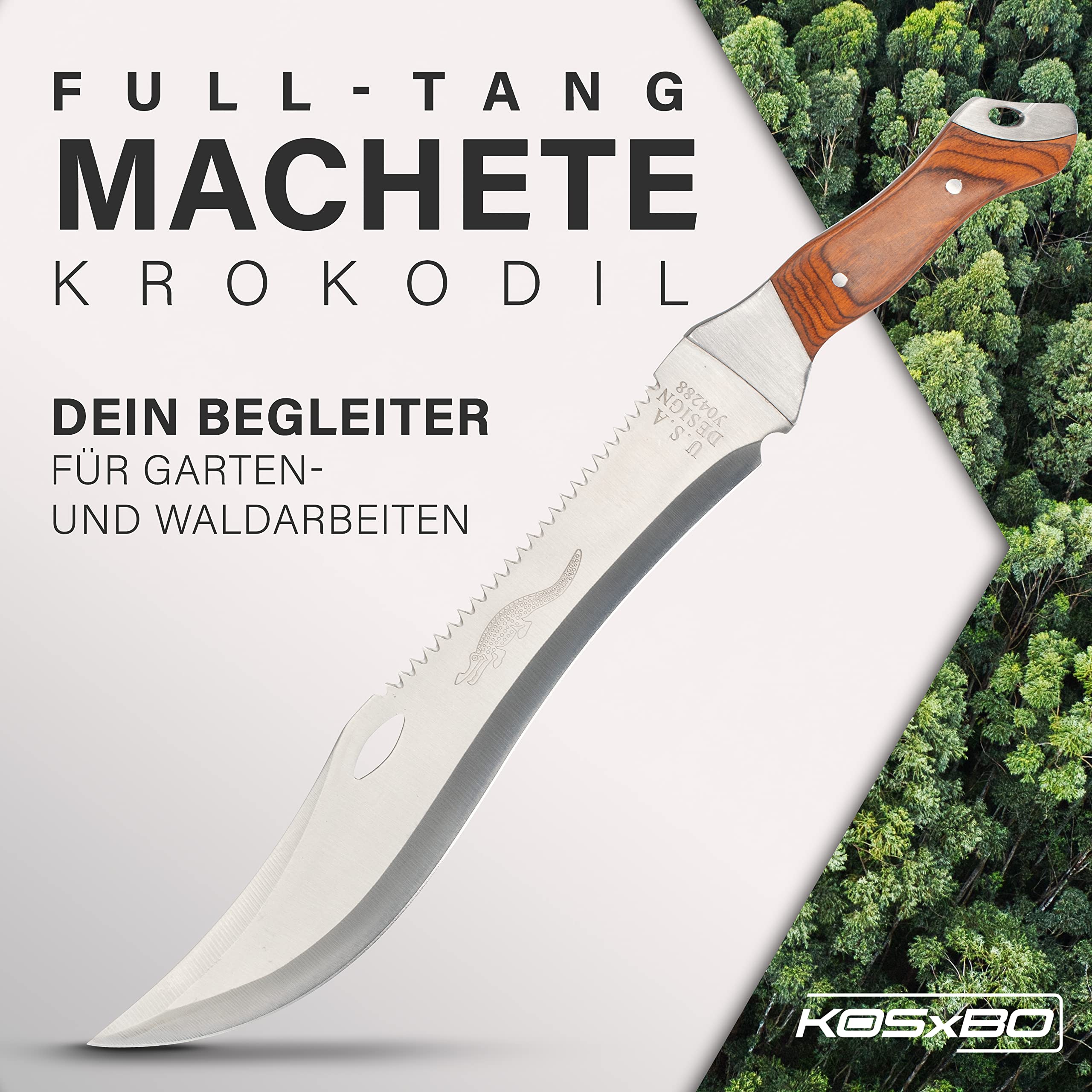 KOSxBO® große Machete mit Säge - Buschmesser - USA Crocodile Dundee Messser - 44,7cm lang - Survival - Freizeitmesser - Outdoor - Jagd - Macheten, braun Silber