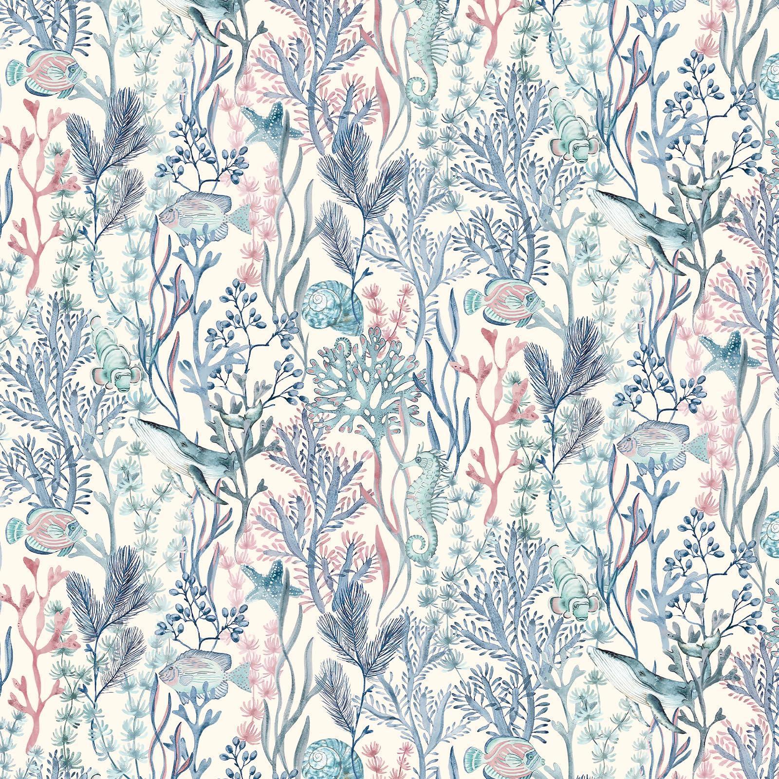 Peel and Stick Ocean Wallpaper Blue Coral Seaweed Pattern, Coastal Marine Self Adhesive Vinyl Wallpaper with Seahorse Fish Design, Removable Sticky Back Plastic for Bathroom, Kids Room 44cm x 300cm