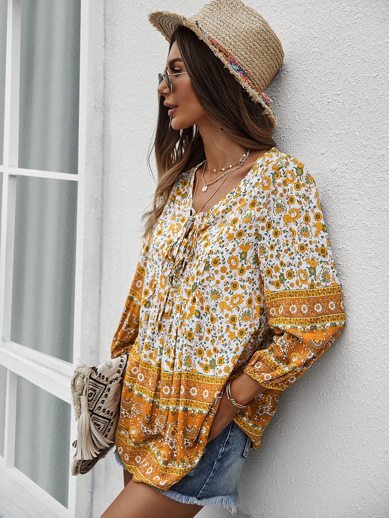 Bluzka damska, elegancka, luźna, w stylu boho, dekolt w serek, wzór kwiatowy, luźna tunika