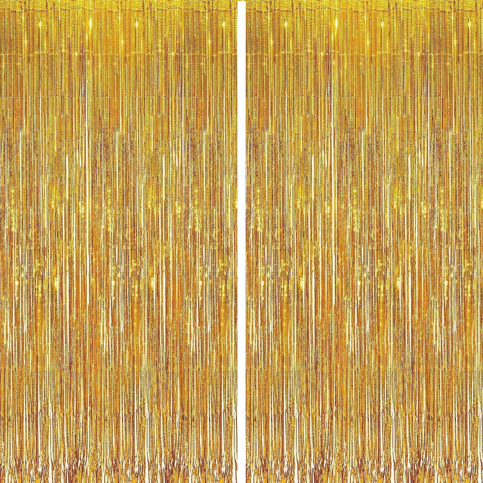 Lot de 2 Rideaux Lametta Or Holographique, 1 x 2,5 m Rideau Métallique à Franges, Rideau Brillant Décoration Fête, Fond Photo Anniversaire Mariage Noël Nouvel an Party