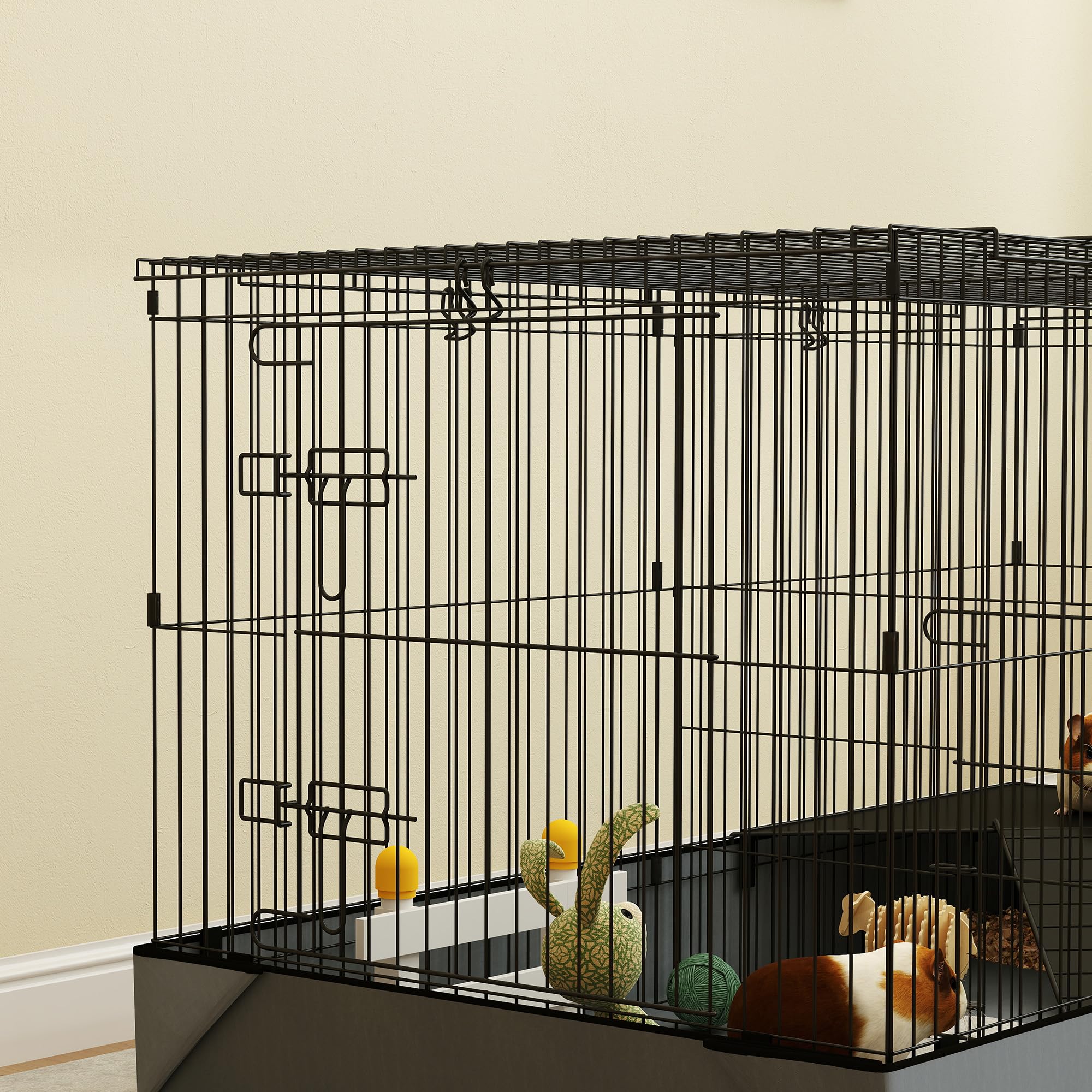 PawHut Jaula para Animales Pequeños 2 en 1 con Tapa Extraíble Parque para Mascotas Recinto para Conejos, Cobayas y Erizos 121x61x61 cm Negro