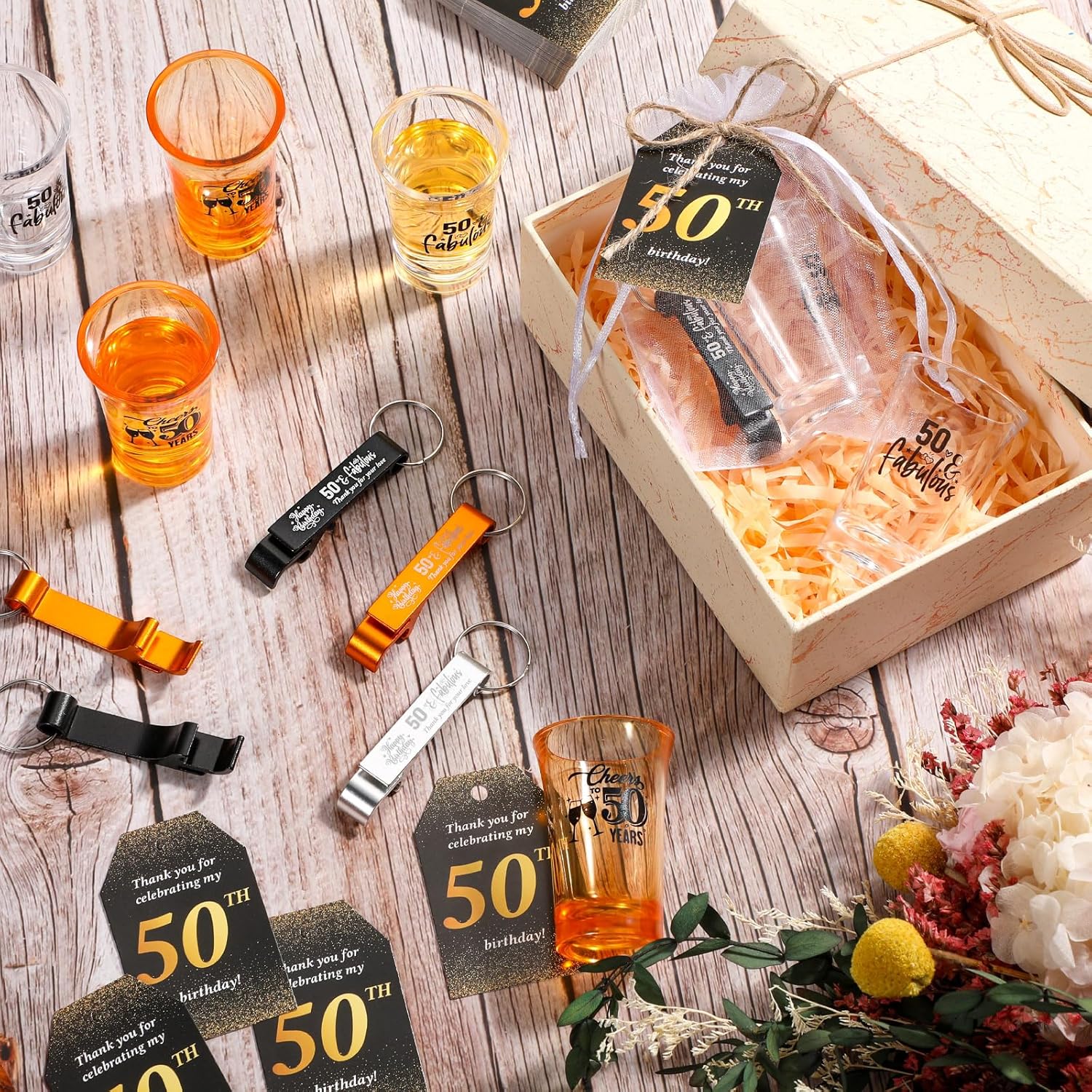 Domensi 30 Sets 50th Birthday Party Favors for Guests 2 Styles Acrylic Short Glasses 3 Colors Bottle Opener Souvenir Thank You Tags with Organza Bags Twine for Birthday Anniversary Wedding Shower