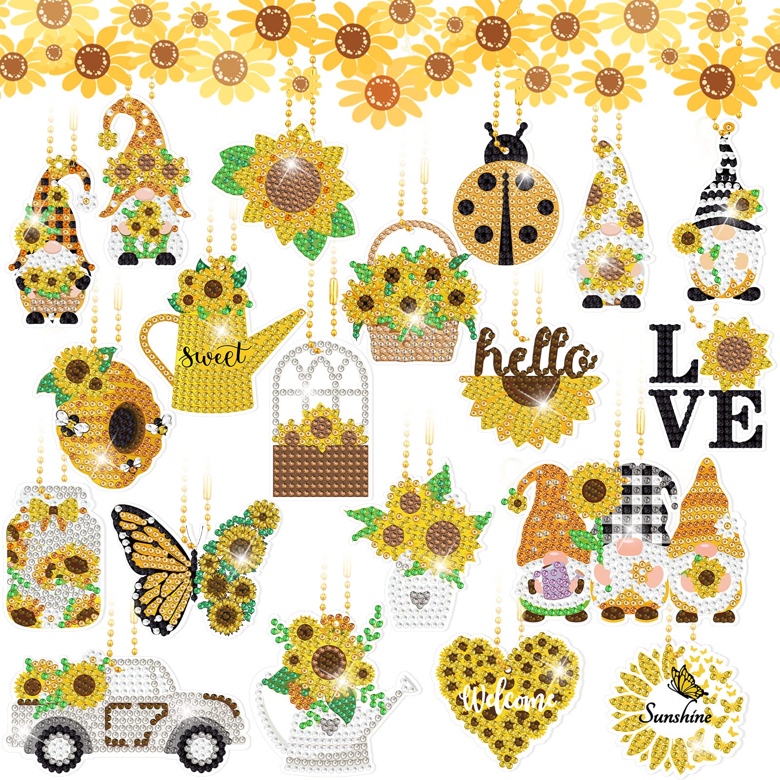 20 Pcs Sunflower Gnome Diamond Painting Keychains DIY Craft 5D Diamond Key Chain Kit Farmhouse Gnome Key Chain Making Kit for Kids Adults Beginners