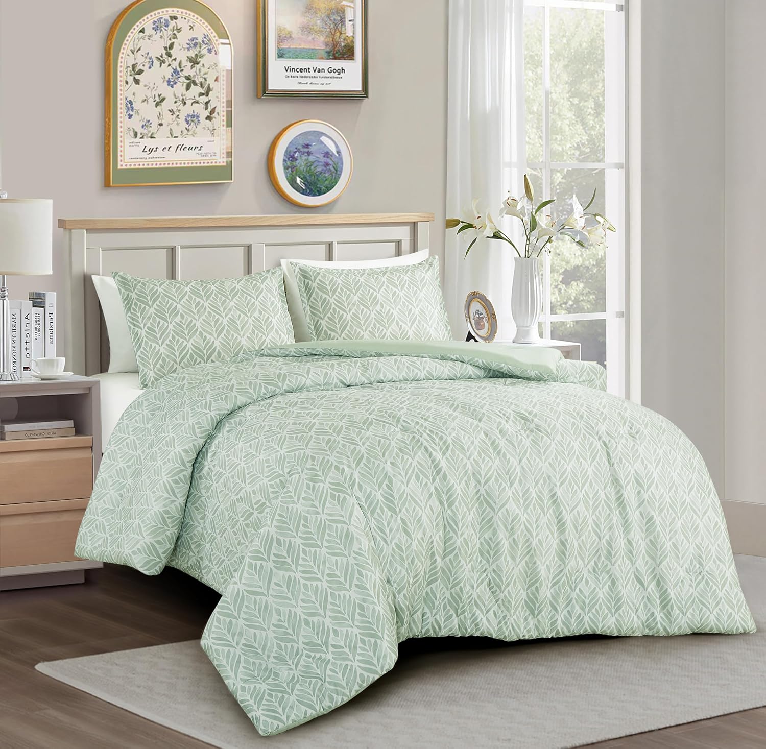 Chezmoi Collection Medina 2-Piece Tranquil Leaf Comforter Set Twin - Soft Green White Leaves Printed Microfiber Lightweight Bedding Set for All Season