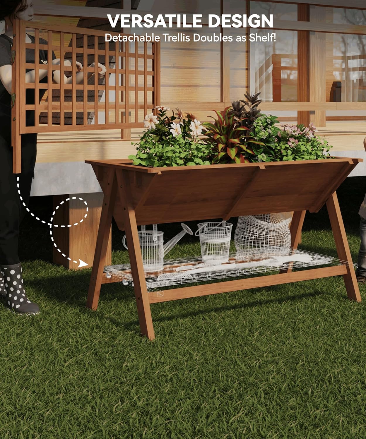 GarveeHome 52x30x54 in Raised Garden Bed with Legs, Elevated Wooden Raised Planter Box with Vine Climbing Trellis Outdoor Standing Growing Bed for Growing Vegetables Flowers Herbs