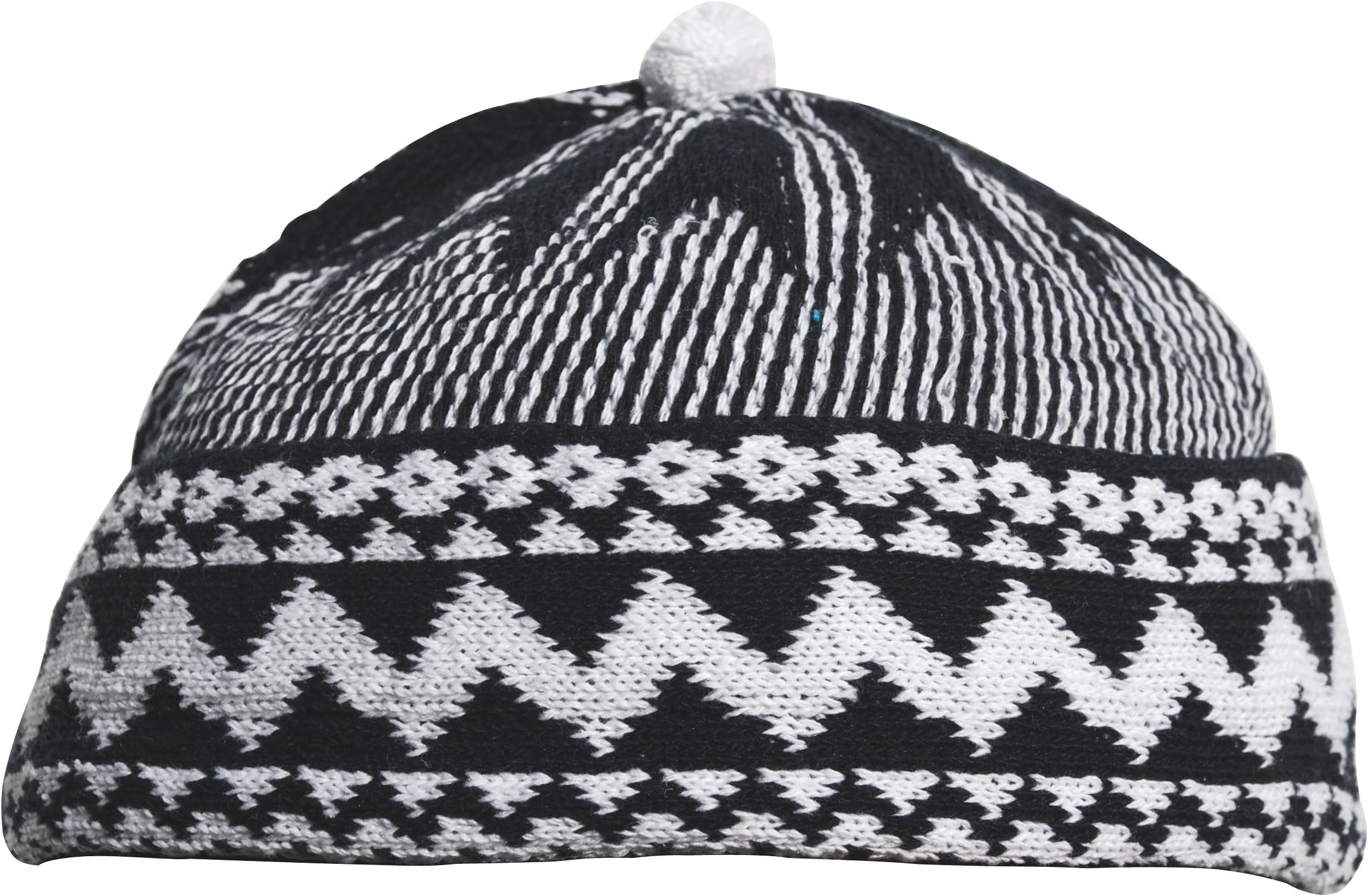 Kids Indigo Blue Zigzag Design Muslim Beanie Kufi Hat Crown with White Ball - Stretchable OneSize African Hat