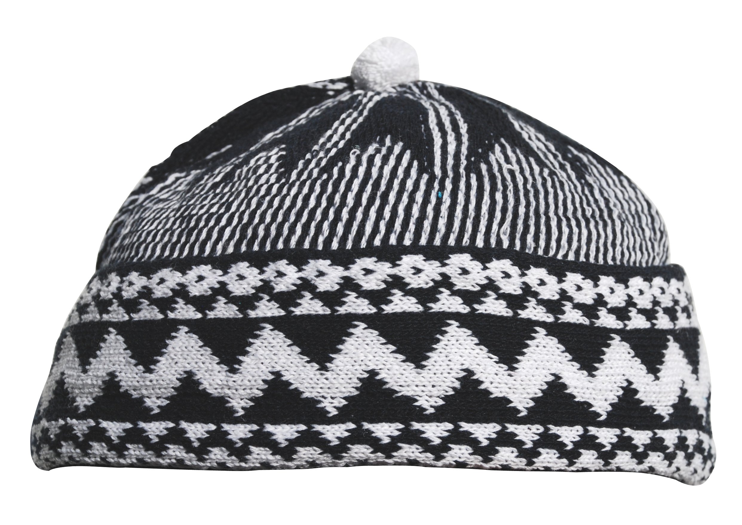 Kids Indigo Blue Zigzag Design Muslim Beanie Kufi Hat Crown with White Ball - Stretchable OneSize African Hat
