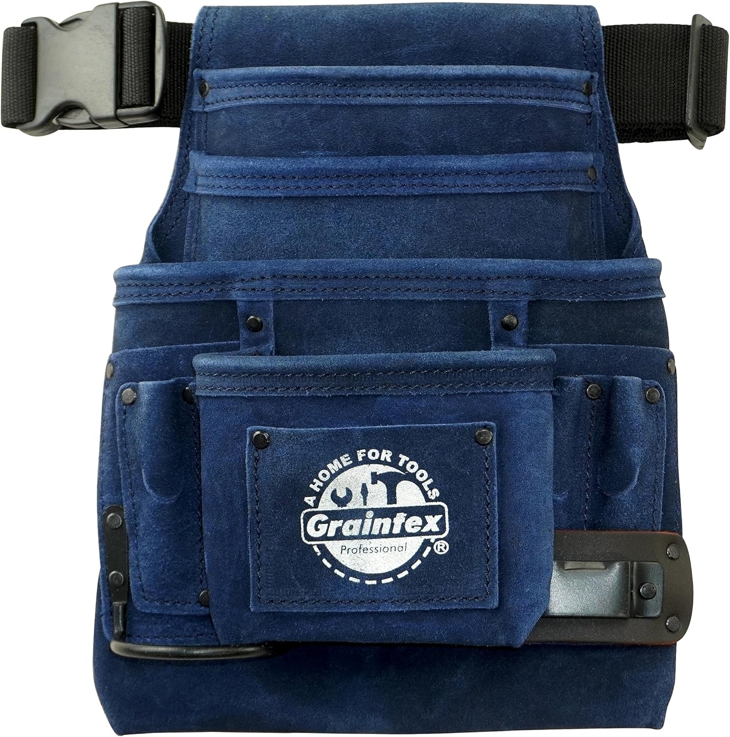 Graintex SS2574 :: 10 Pocket Nail & Tool Pouch Navy Blue Color Suede Leather with 2” Webbing Belt for Constructors, Electricians, Plumbers, Handymen