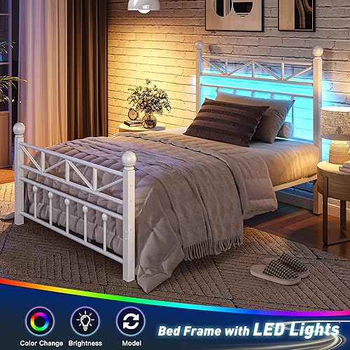 Miniatura 5 de EnHomee Marcos de Cama Individuales de Metal de 54" con Cabecero Alto y Piecero, Marco de Cama Individual con Luz LED, Soporte de Listones de Metal