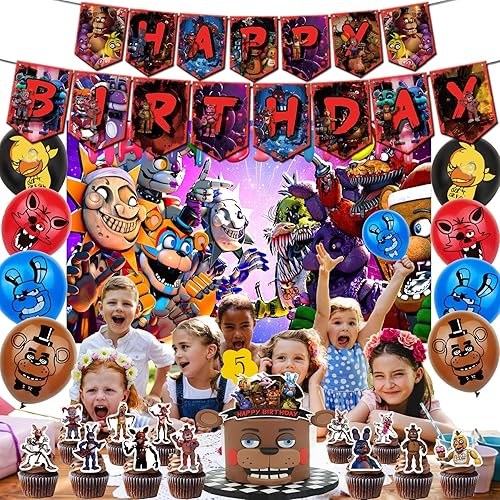 Miniatura 6 de Suministros para fiesta de cumpleaños de Five Night at Freddy, decoraciones de cumpleaños de FN-AF, incluye pancarta de feliz telón de fondo,